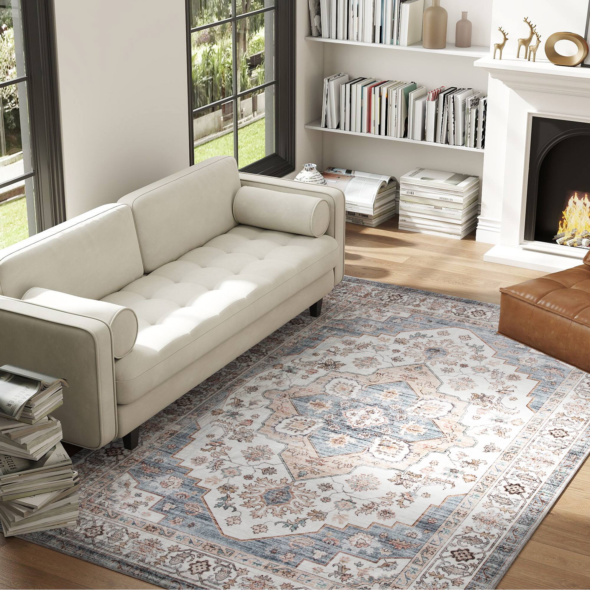 Alt View 2. Homcom - HOMCOM 5x7 Distress Rug: Mach-Wash Vintage Non-Slip Light Blue Carpet, Indoor Boho Area - Brown and Light Blue.