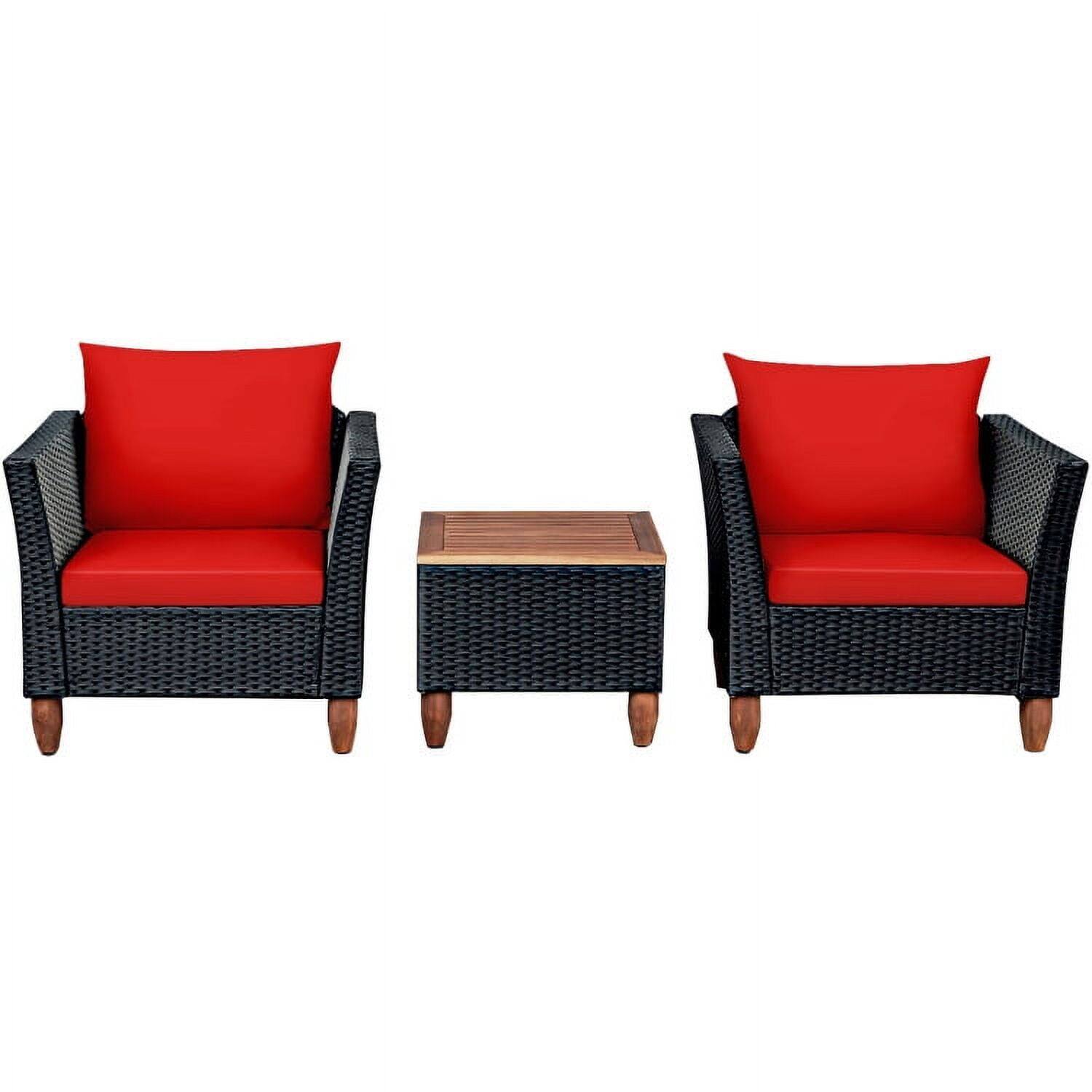 Back. Kadyn - 3 Pieces Outdoor Patio Rattan Furniture Set with Coffee Table and Cushions-Red - Red.