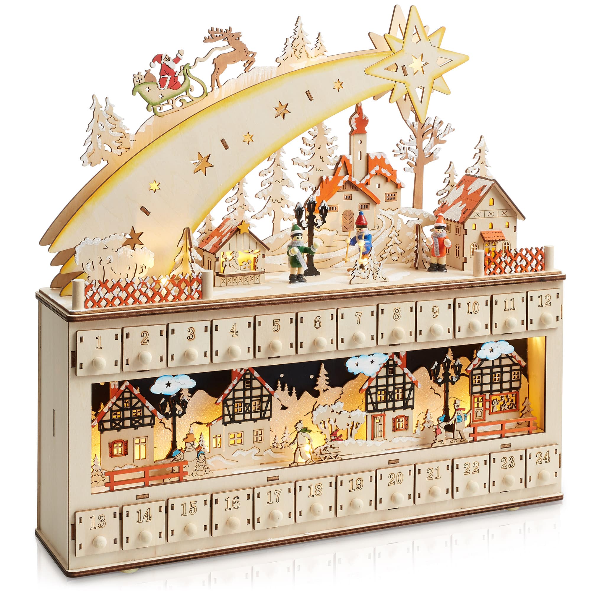 Casafield - Pre-Lit Wooden Christmas Advent Calendar with Drawers Holiday Décor - Beige