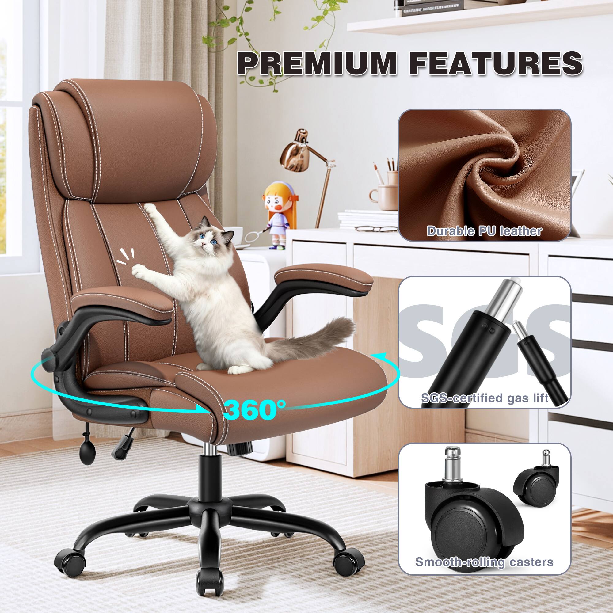 - PREMIUM FEATURES
  - Durable PU leather
  - 360° rotation
  - SGS-certified gas lift
  - Smooth-rolling casters