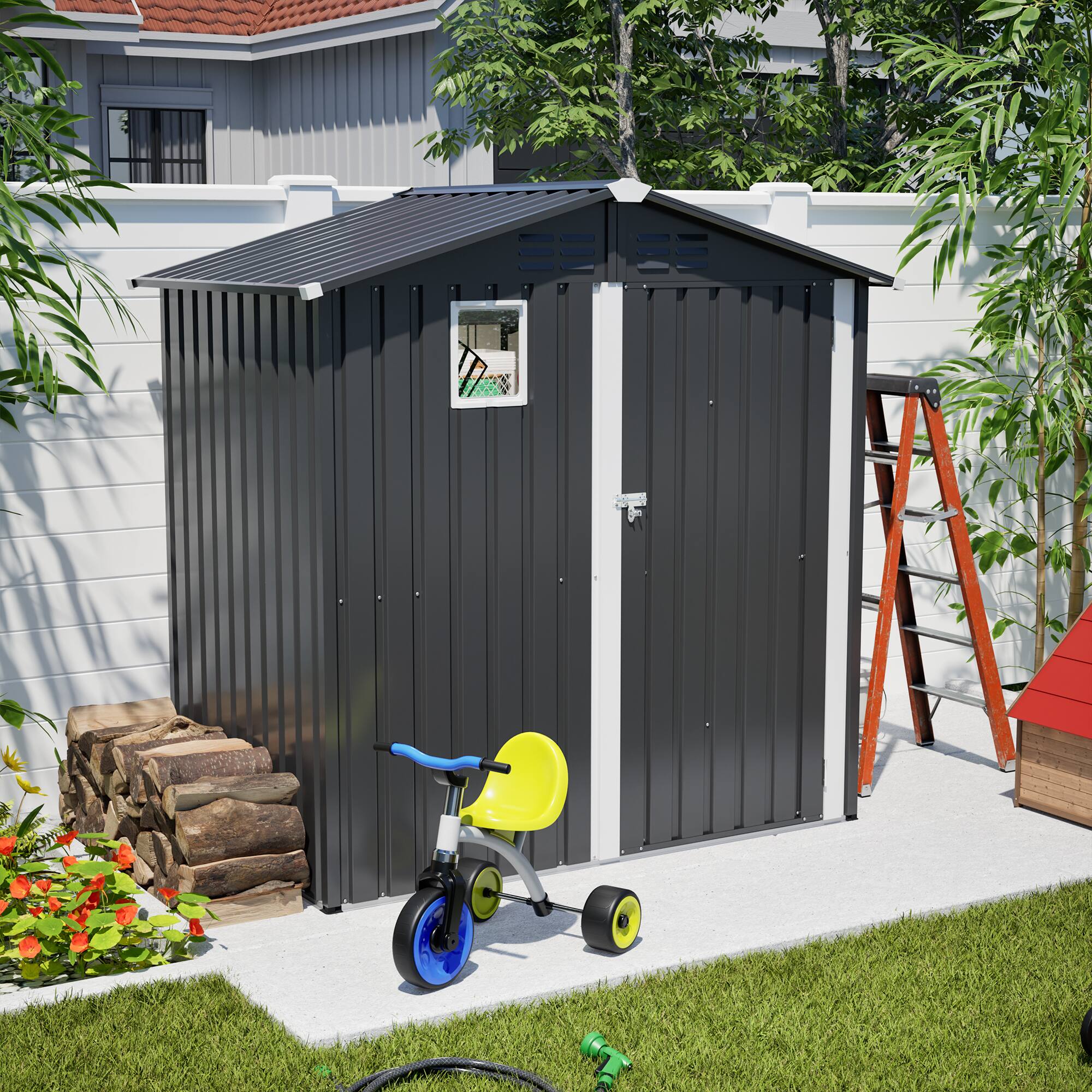 Angle. Lirago - 6x4 FT Outdoor Storage Shed All-Weather Metal Shed with Lockable Doors - Gray.