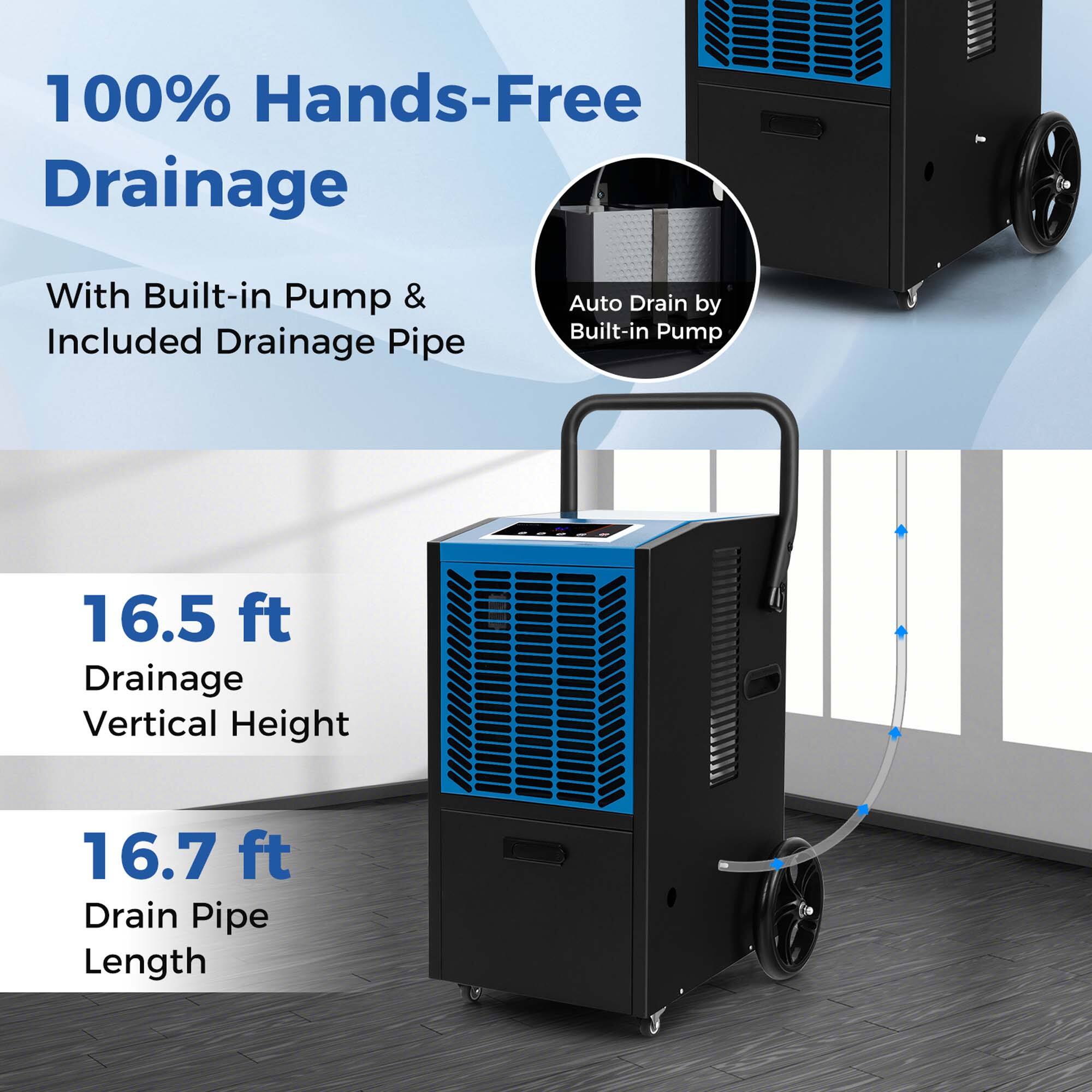 100% Hands-Free Drainage With Built-in Pump & Included Drainage Pipe Auto Drain by Built-in Pump 16.5 ft Vertical Height 16.7 ft Drain Pipe Length