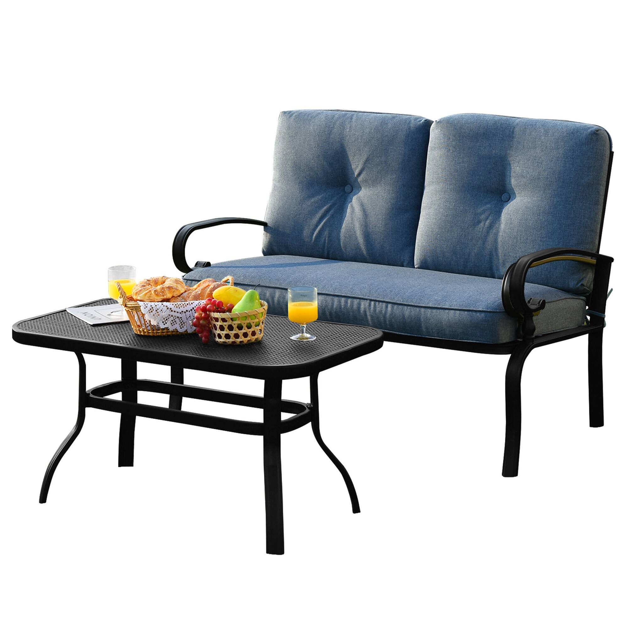 Alt View 1. Gymax - Gymax 2PCS Patio Loveseat & Table Set Conversation Sofa Set w/ Blue Cushions - Blue.