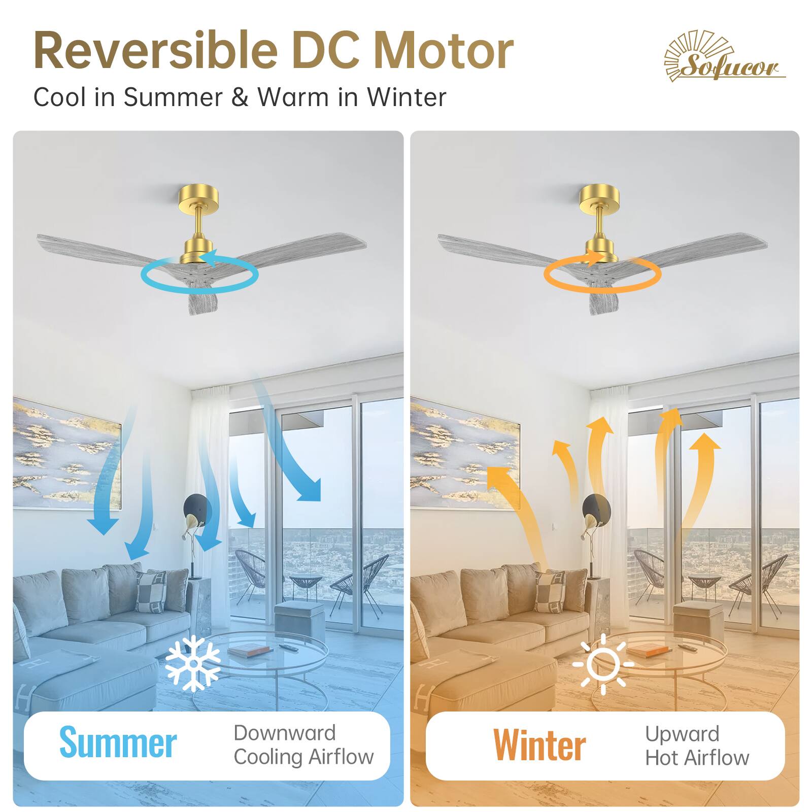 Reversible DC Motor  
Cool in Summer & Warm in Winter  

Summer  
Downward Cooling Airflow  

Winter  
Upward Hot Airflow  

Sofucor