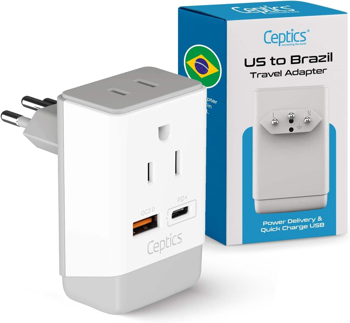 Ceptics - Brazil Rio Power Plug Adapter Travel QC 3.0 & PD, Safe Dual USB & USB-C - 2 USA Socket Compact & Powerful - White