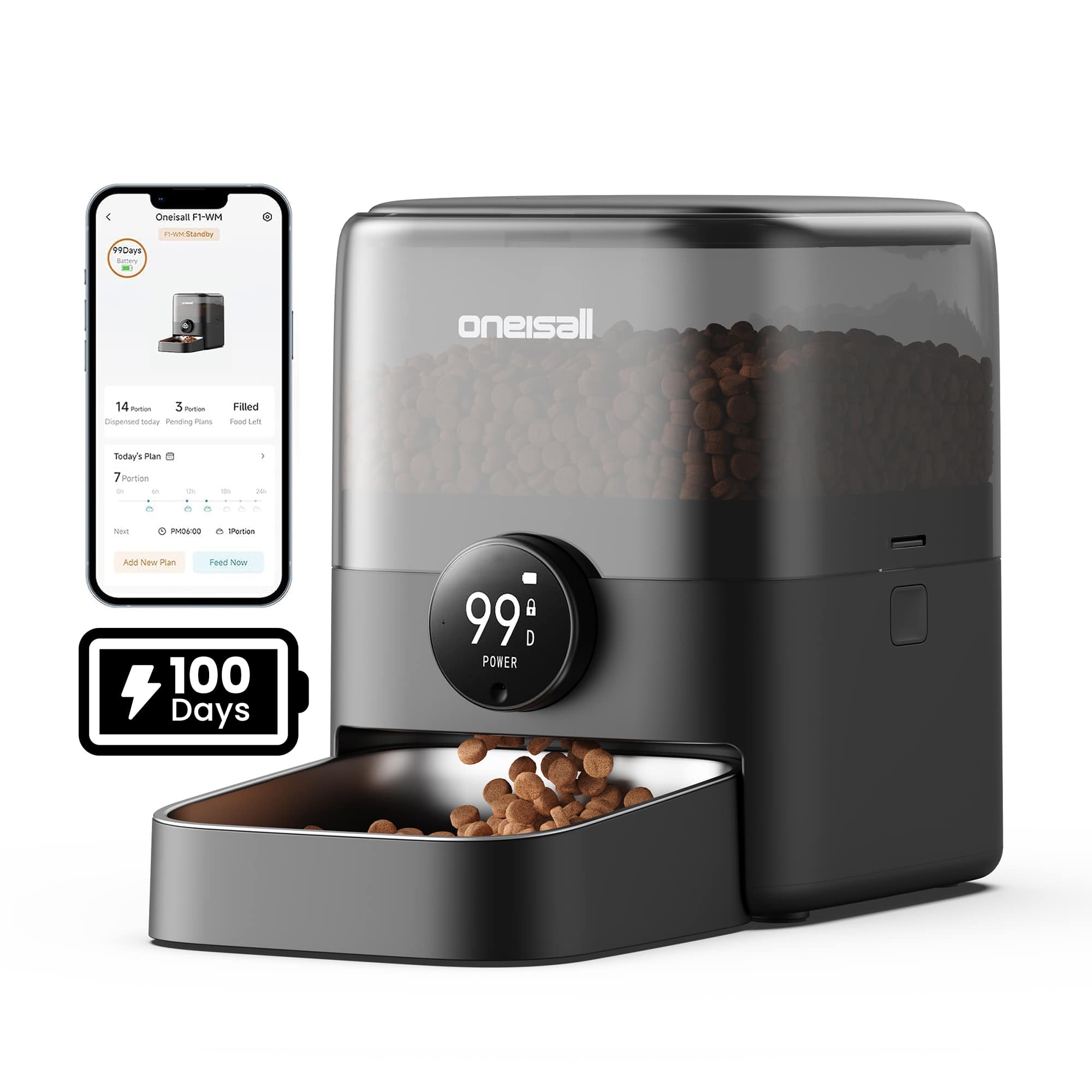 Oneisall - 3L Wi-Fi Automatic Cat Feeder: App Control, 100-Day Battery, Stainless Steel Bowl, 0.7" Large Kibble,Voice Recorder - Black
