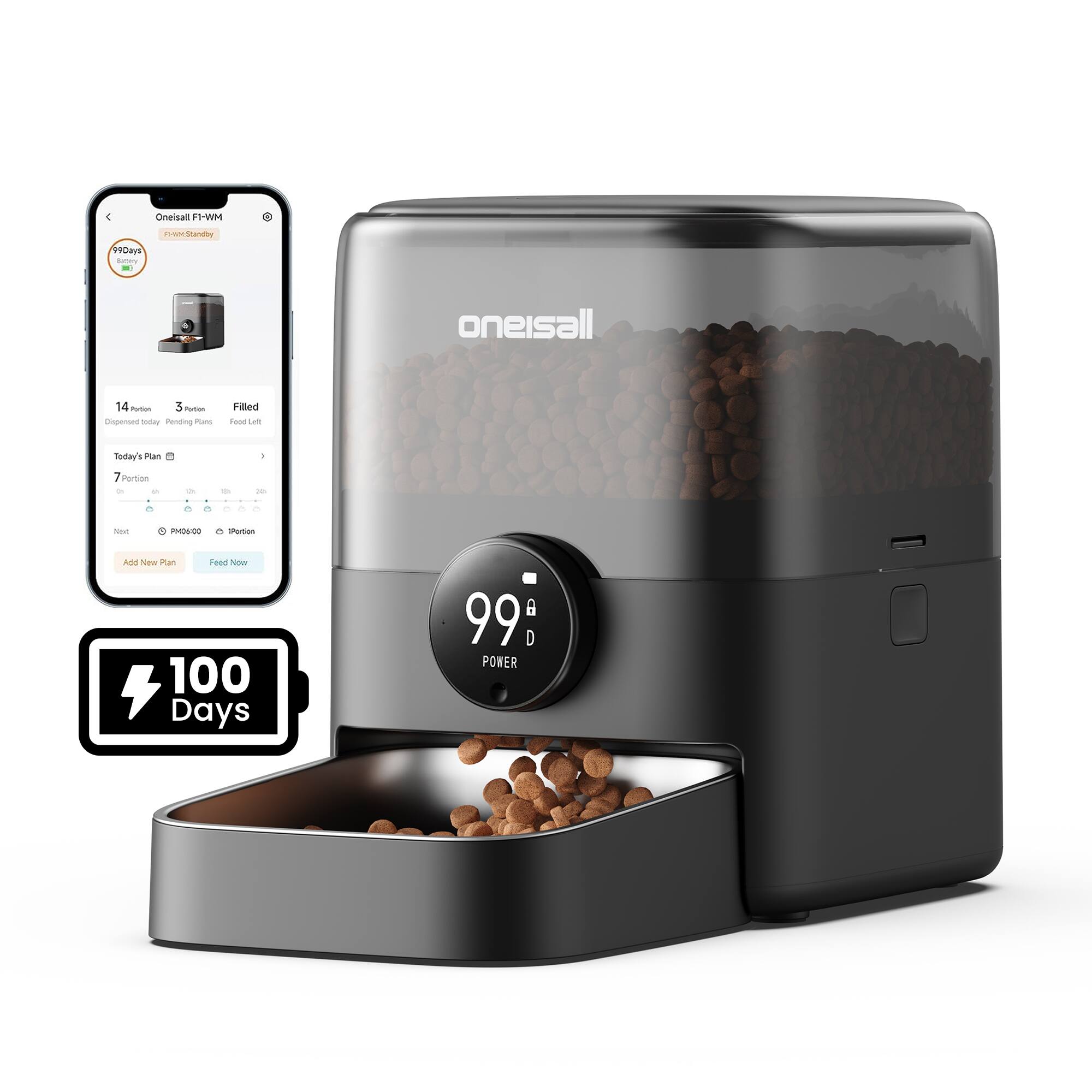 Oneisall F1-WM  
99 Days  
14 portions dispensed today  
3 meals pending plans  
Filled food left  
7 portion  
Next: PM 00:00  
Add New Plan  
Feed Now  
100 Days  
POWER