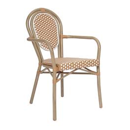 Emma + Oliver - Colmar Indoor/Outdoor Stacking Thonet Bistro Style Chair with Arms, PE Rattan Seat and Finished Metal Frame - Natural & White/Light Natural Frame