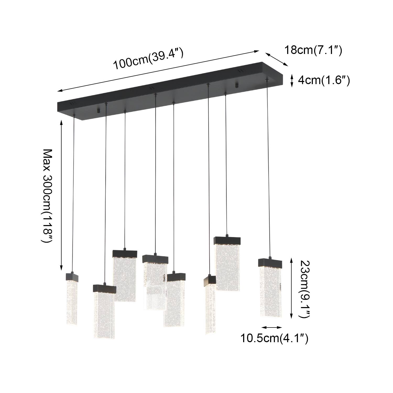 100cm(39.4")  
18cm(7.1")  
4cm(1.6")  
Max 300cm(118")  
23cm(9.1")  
10.5cm(4.1")