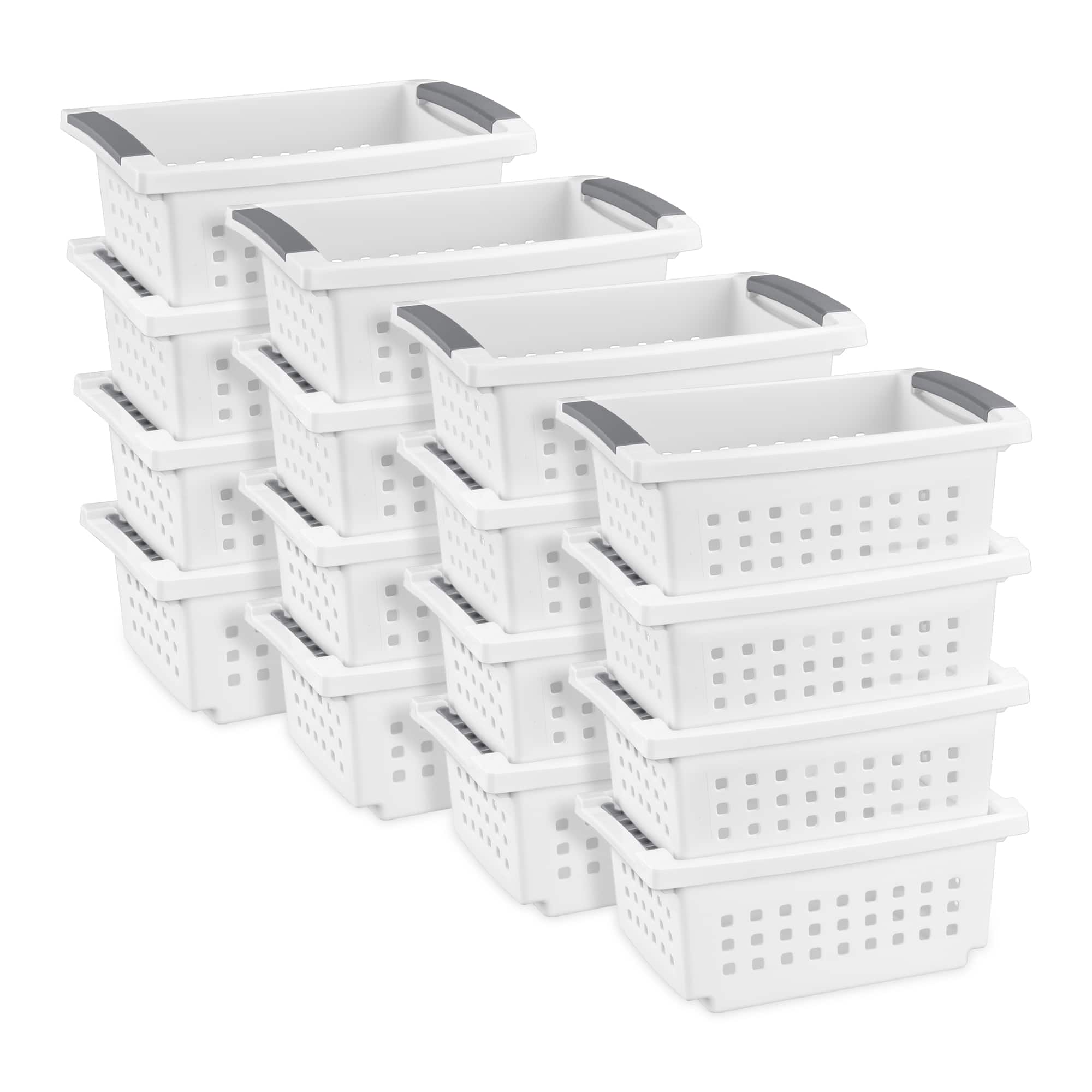 Sterilite - 16608008 Small Stacking Basket with Titanium Accents, White (16 Pack)