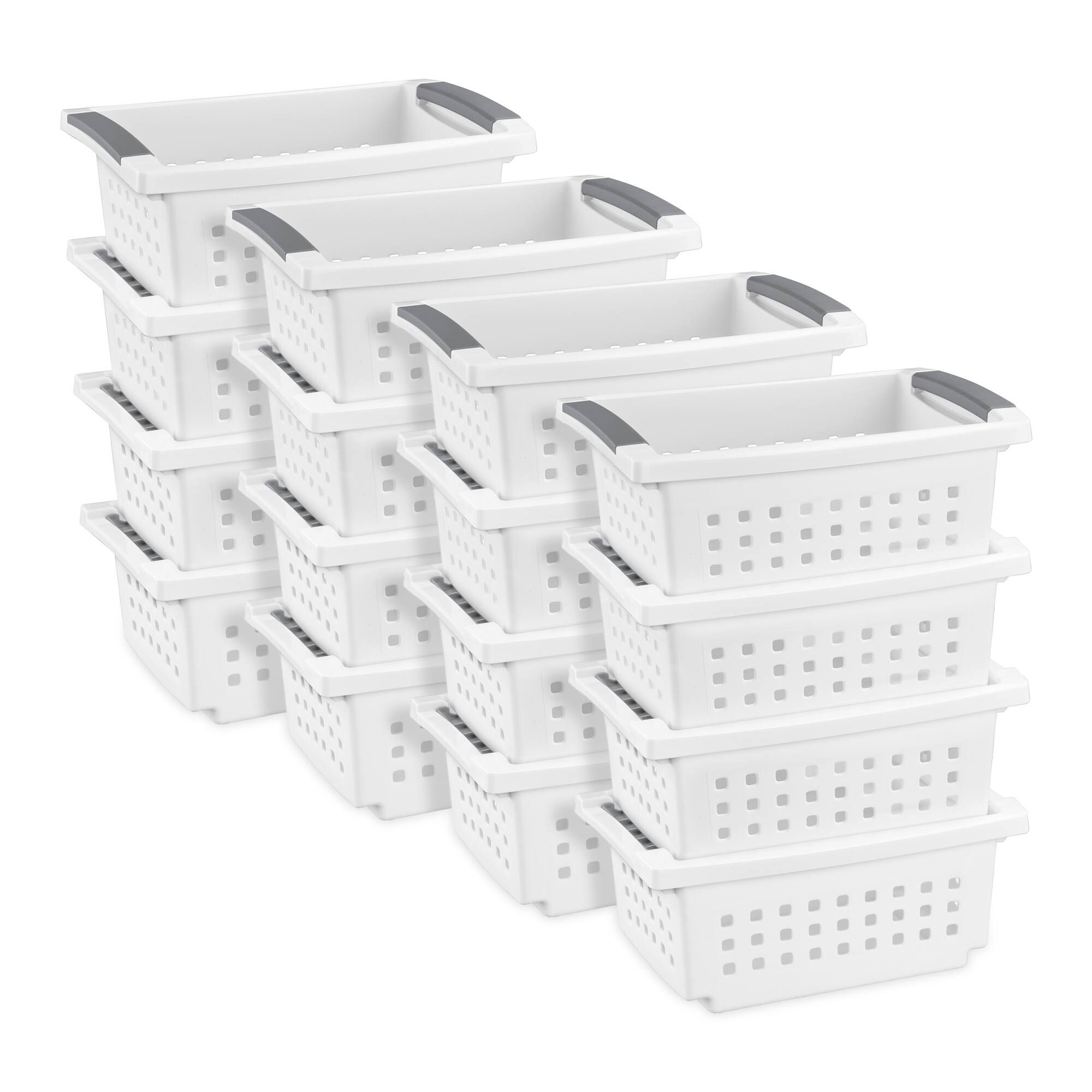 Front. Sterilite - Sterilite 16608008 Small Stacking Basket with Titanium Accents, White (16 Pack).