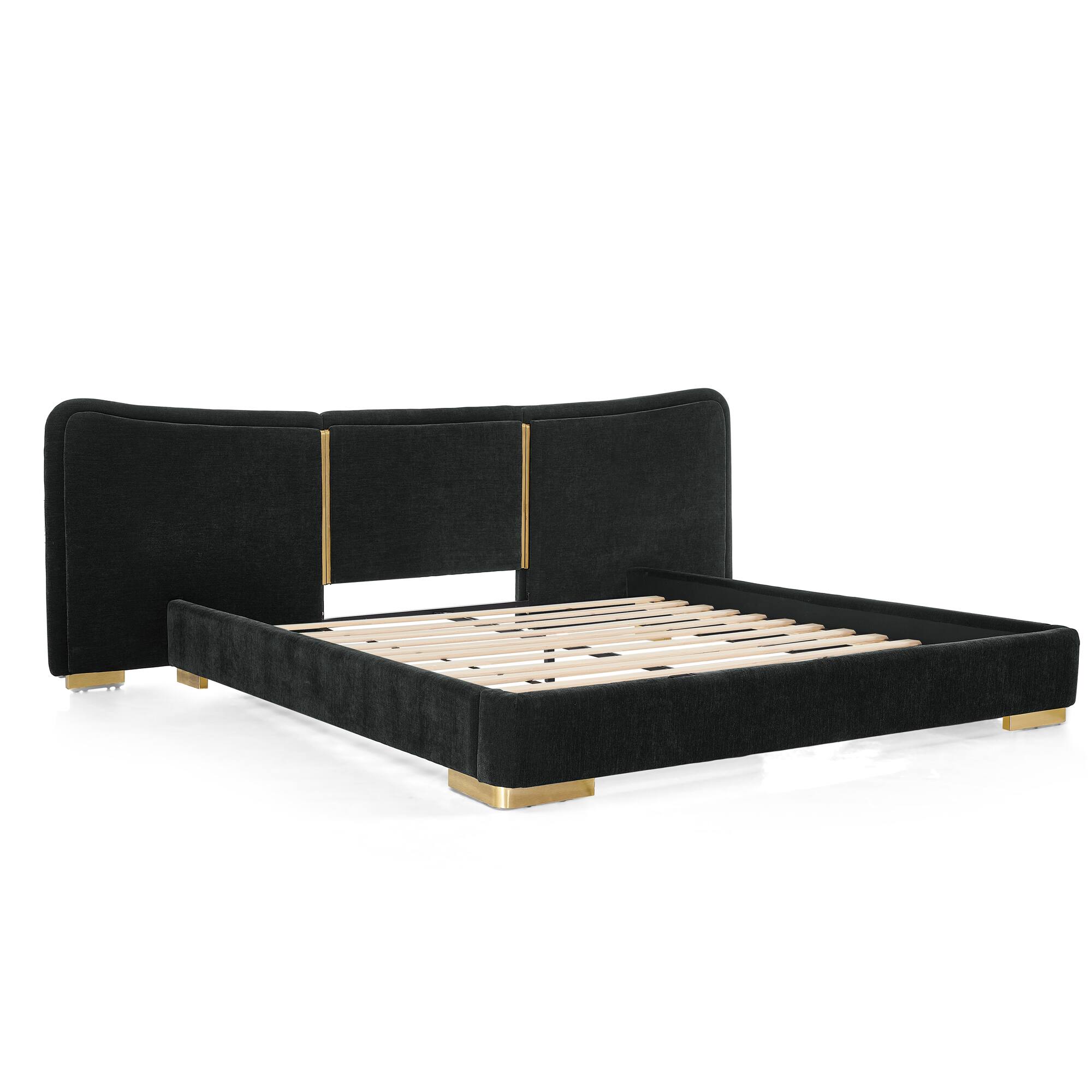 Back. Whisen - Upholstered Platform Bed,Soft Chenille Fabric Frame with Curved Headboard & Metal Legs - Black.