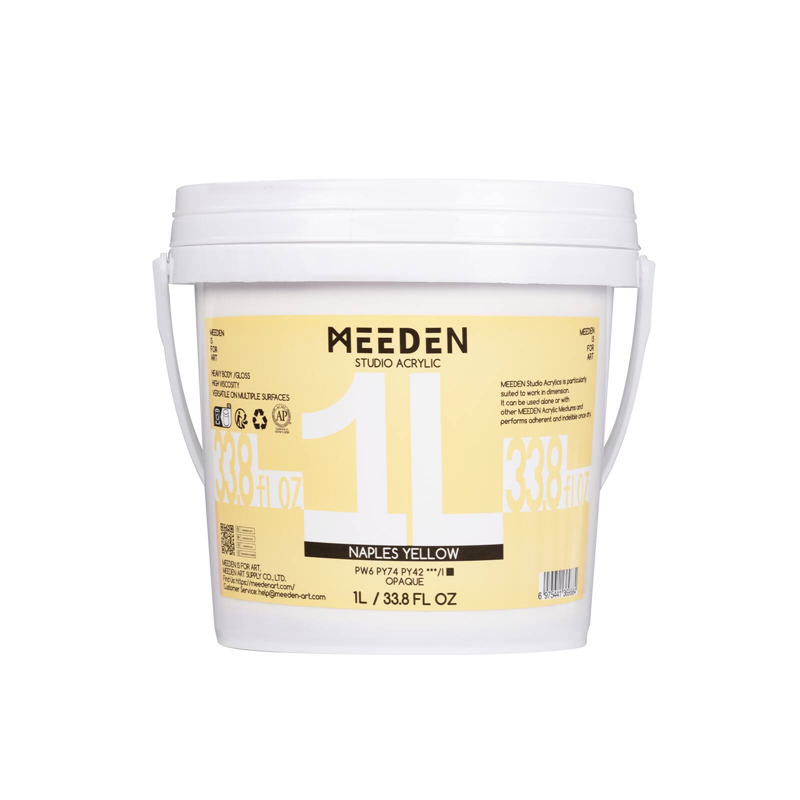 1333 MEDEN MEEDEN 5 FOR FOR R 67 STUDIO ACRYLIC 64 WY BODY GLOSS + VISCOSTY MEEDEN Studio Acrylian particularly suited to work in dimension. ON MULTIPLE SURFACES with 1 be used alone or con x Medum and other MEEDEN Acrylics to perform 199 fl OZ 1 NAPLES YELLOW ECEN FOR ART. (SE3) R SUPPLY PW6 PY74 PY42 ''*A Product CO.LTD. OPAQUE Calorier type: /meedenart.com/ Service.help@meeden-art.com 6.975 Story 33.8 FL OZ