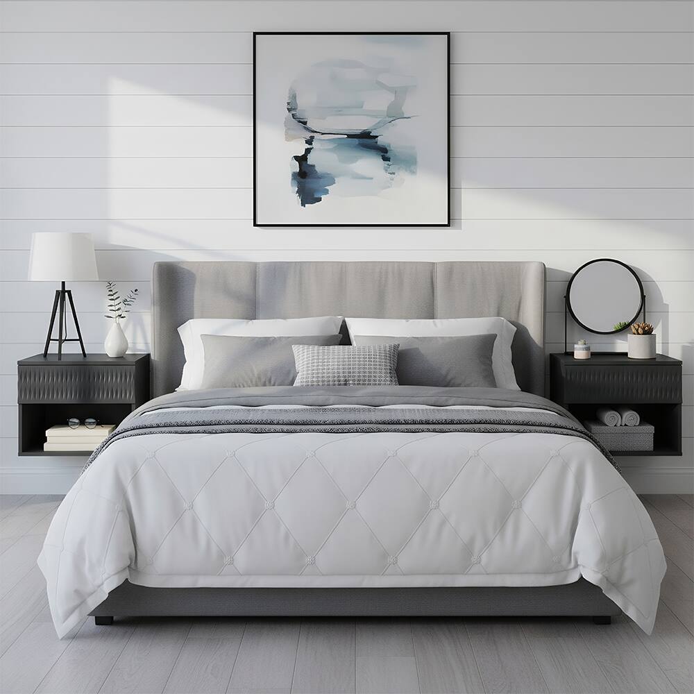 Back. Spaco - Spaco Set of 2 Floating Nightstands with Carved Surface, 2 Drawers, Open Shelf, Space Saving and Anti-Shake Hardware - Black.