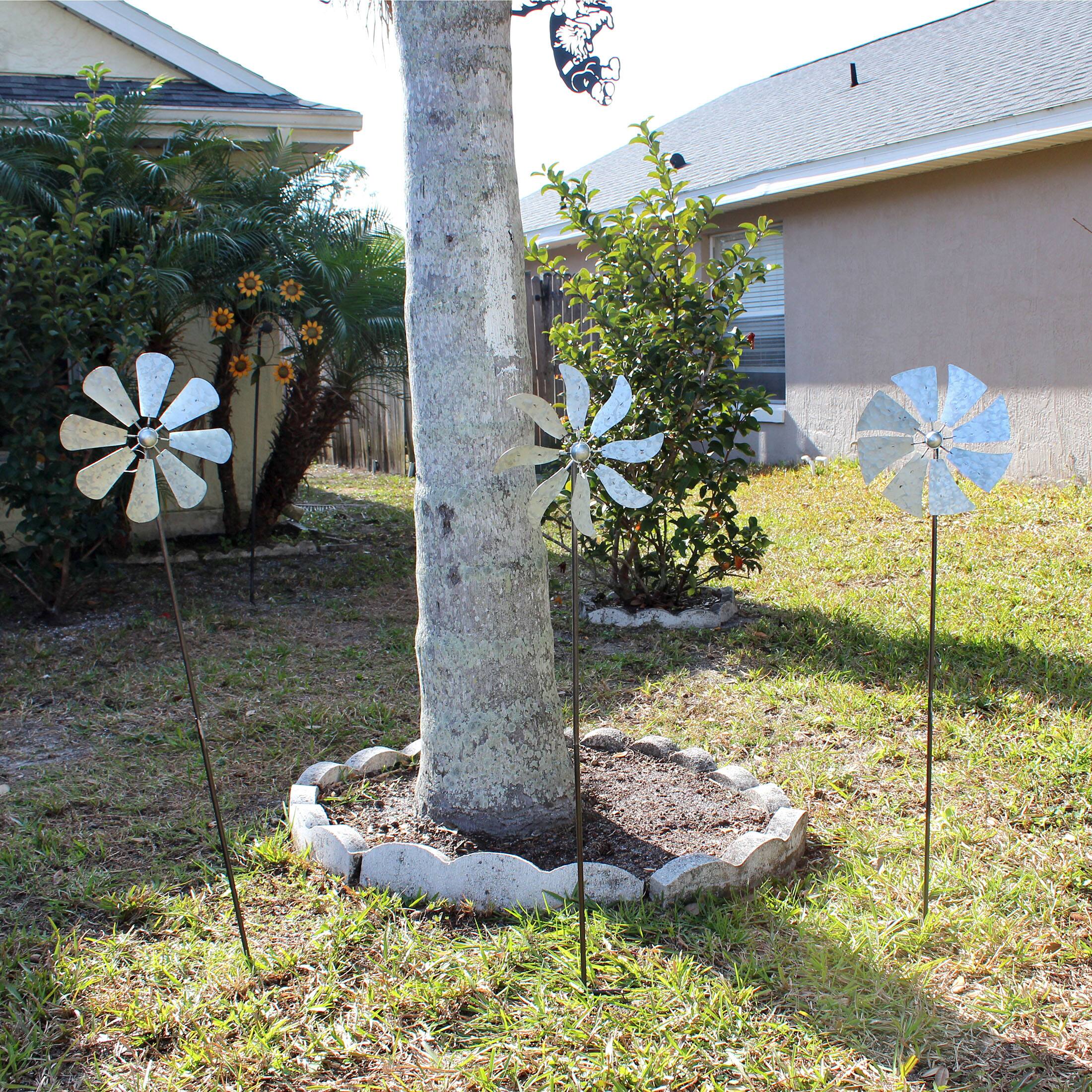 Alt View 3. Zeckos - 41 Inch Metal Kinetic Wind Spinner Garden Stakes Outdoor Decorations Set of 3 - Grey.