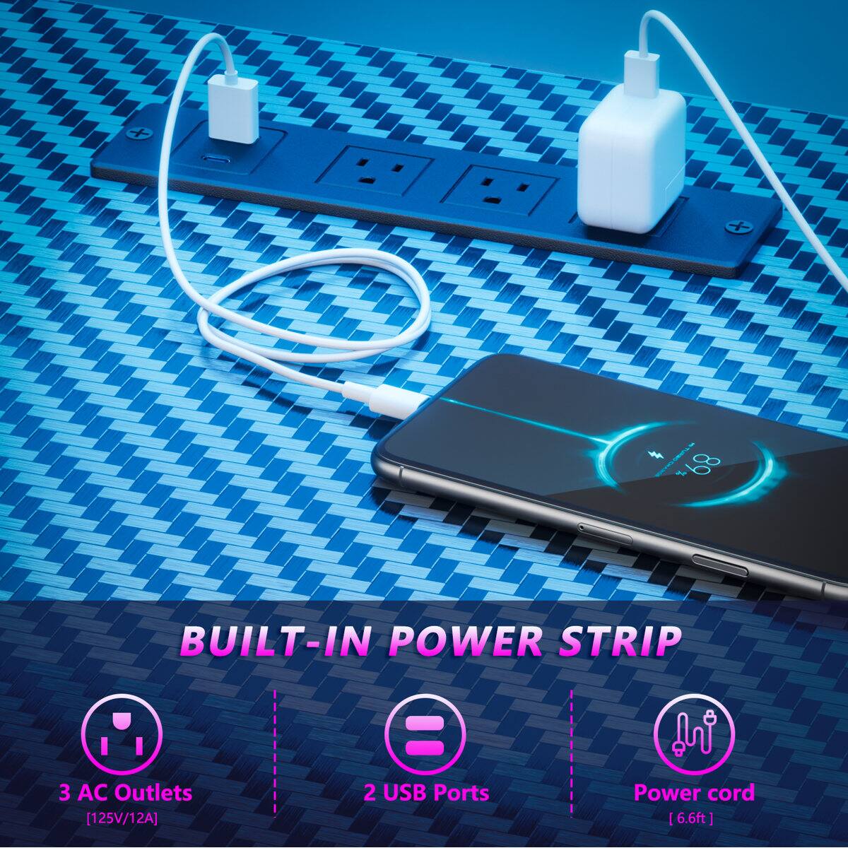 68 BUILT-IN POWER STRIP  
3 AC Outlets [125V/12A]  
2 USB Ports  
Power cord [6.6ft]