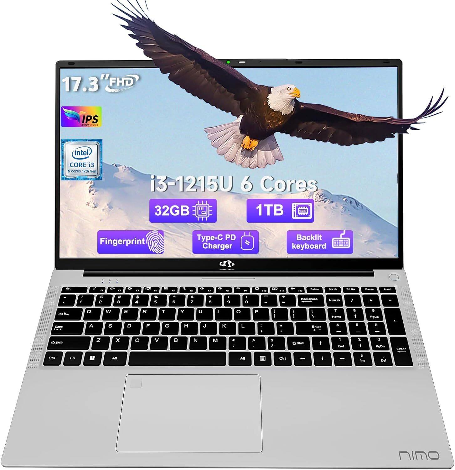 NIMO - 17.3" IPS FHD-Laptop Intel 6 Cores i3-1215U 32GB RAM 1TB SSD 4.4GHz - Silver