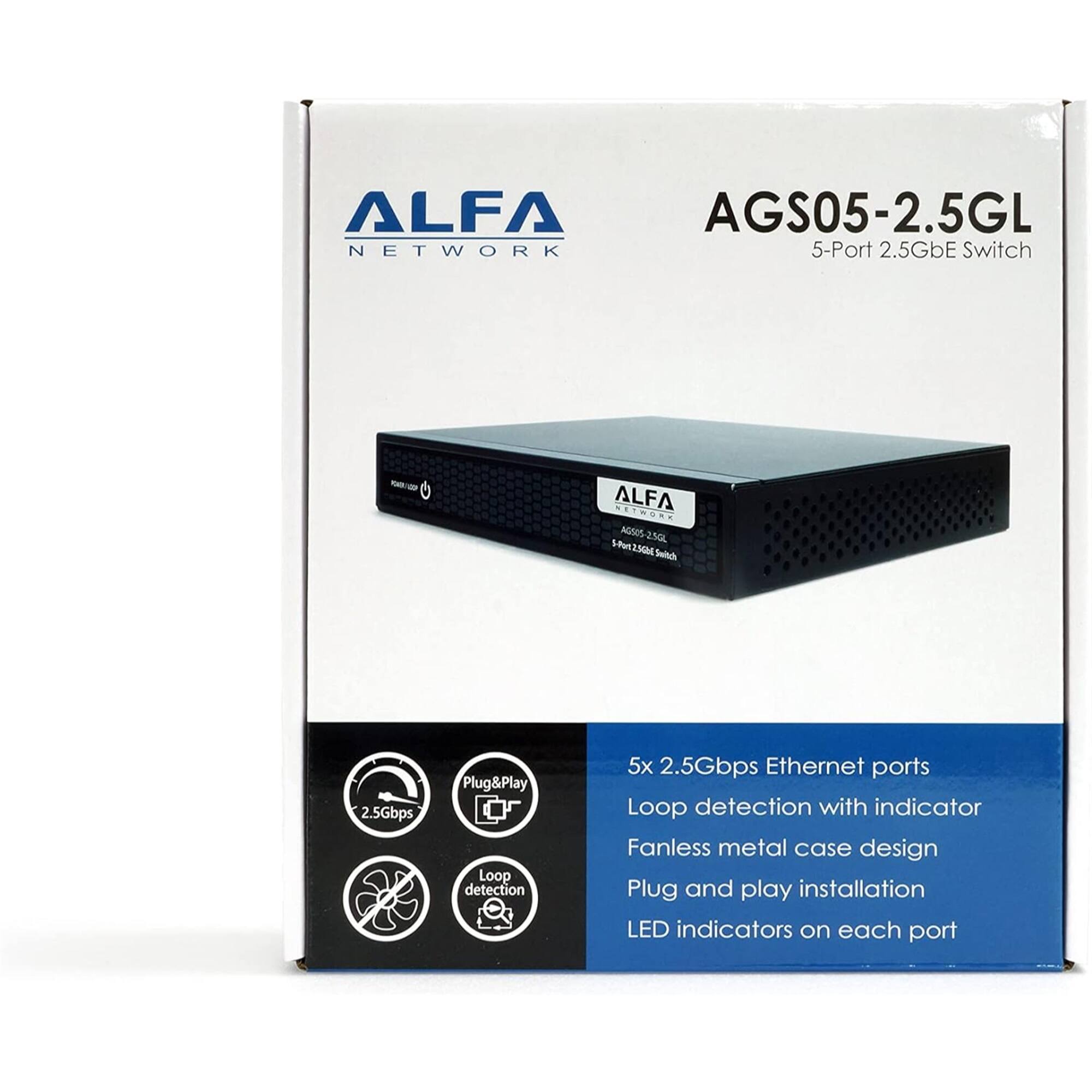 ALFA AGS05-2.5GL NETWORK 5-Port 2.5GbE Switch
5x 2.5Gbps Ethernet ports
Loop detection with indicator
Fanless metal case design
Plug and play installation
LED indicators on each port