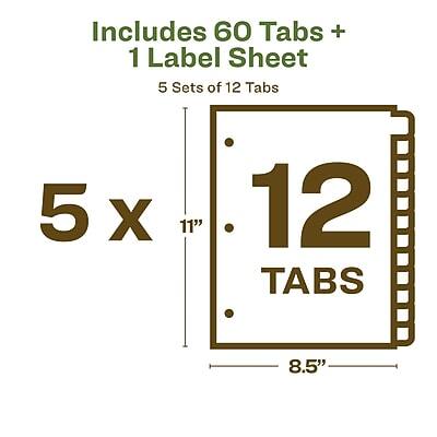 Includes 60 Tabs + 1 Label Sheet

5 Sets of 12 Tabs

5 x 11" 12 TABS 8.5"