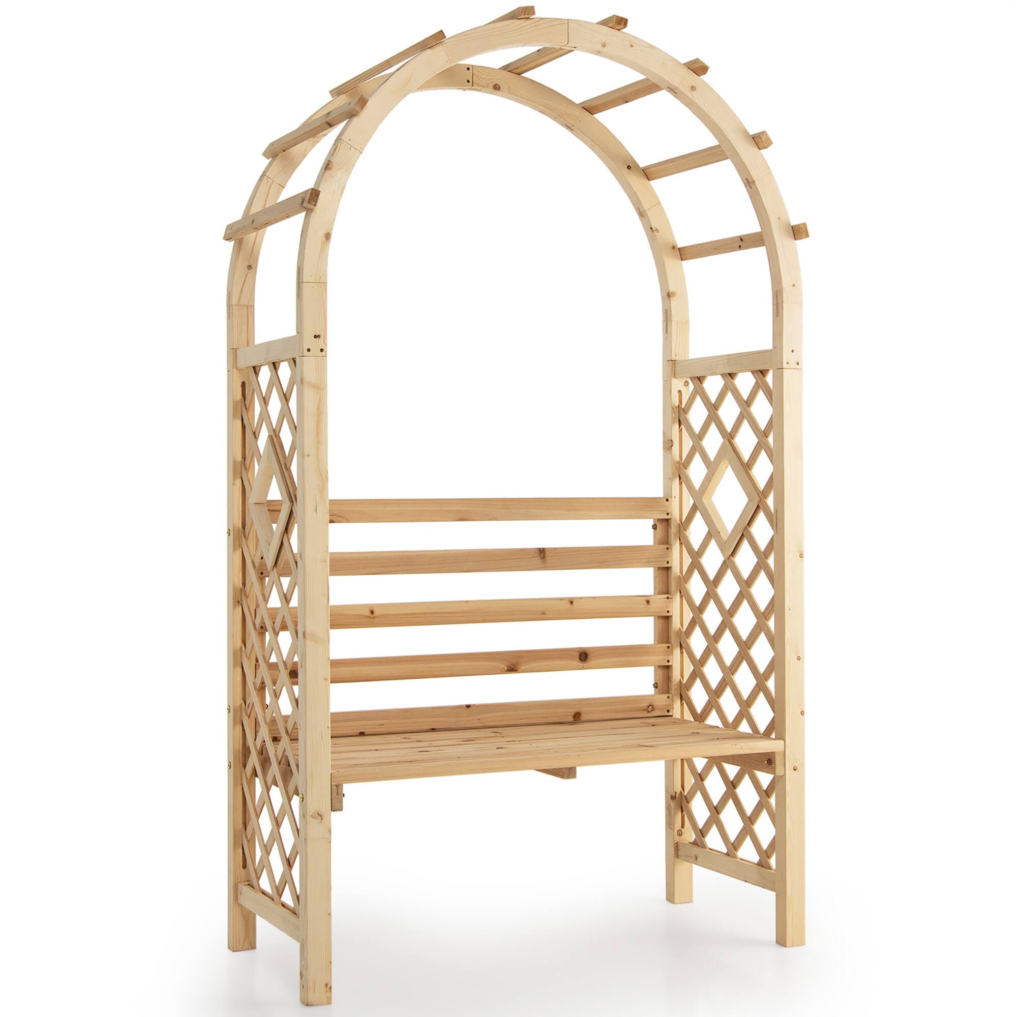 Alt View 1. Costway - Wooden Garden Bench Arch Pergola Outdoor Arbor w/backrest Patio Trellis Pergola - Natural.