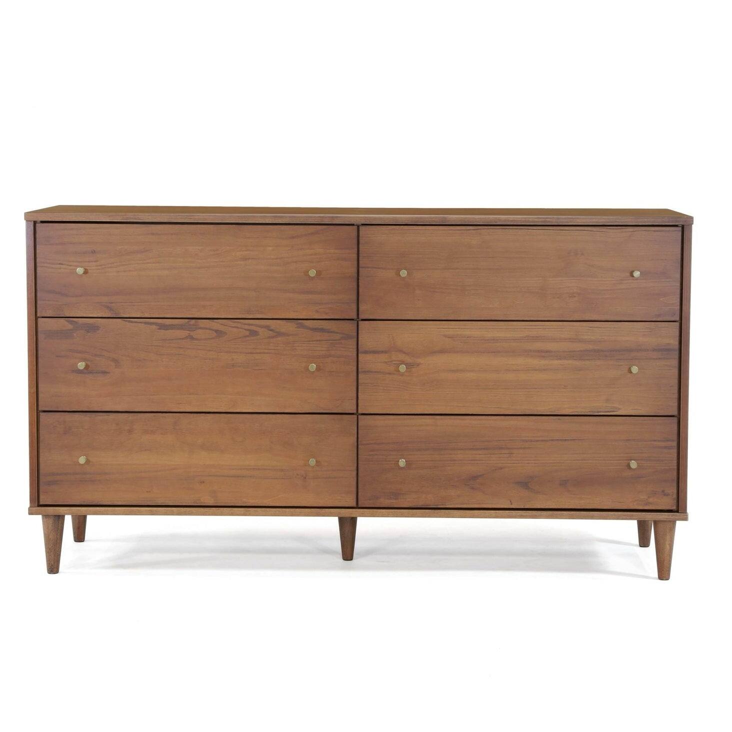 Angle. Hivvago - Hivvago Farmhouse Mid Century 6 Drawer Dresser - Rustic Walnut.