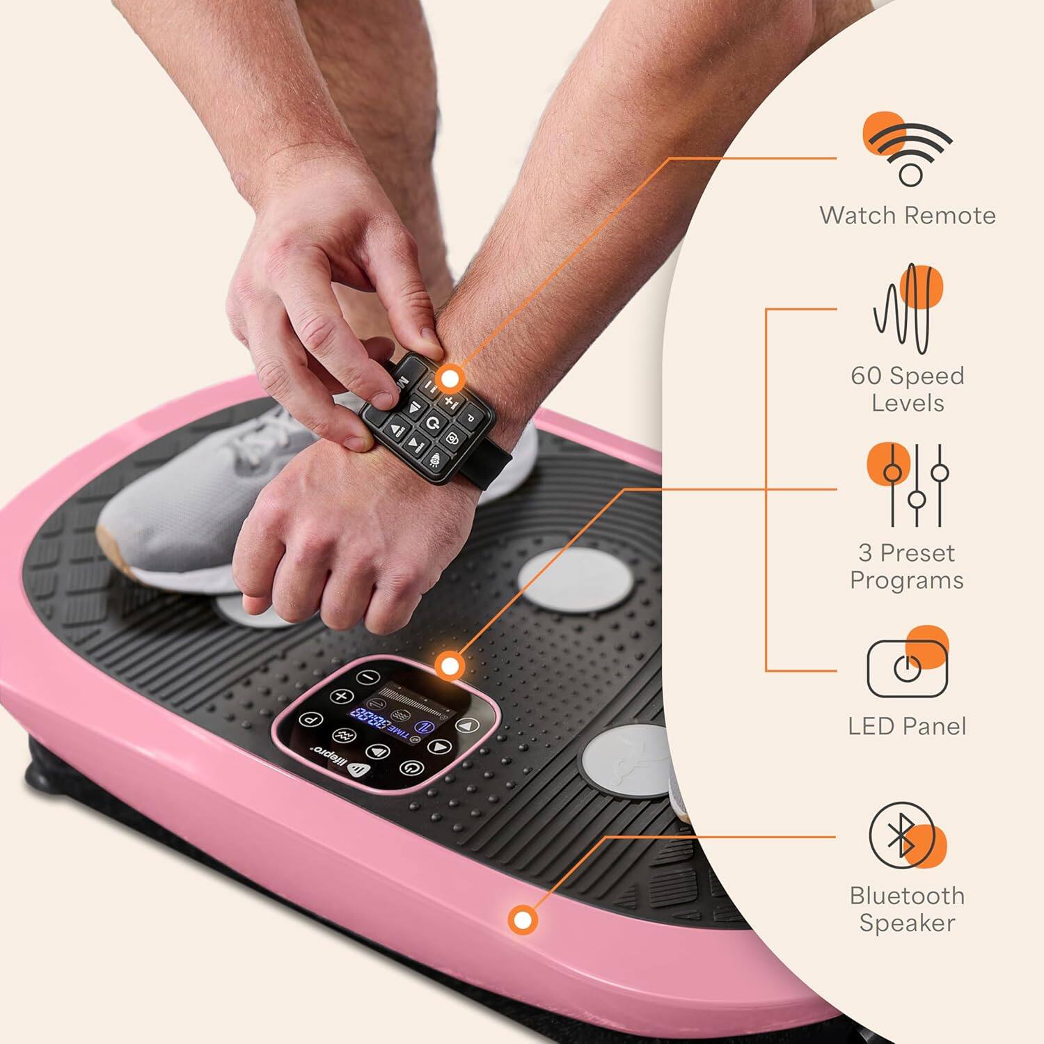 Watch Remote  
60 Speed Levels  
3 Preset Programs  
LED Panel  
Bluetooth Speaker