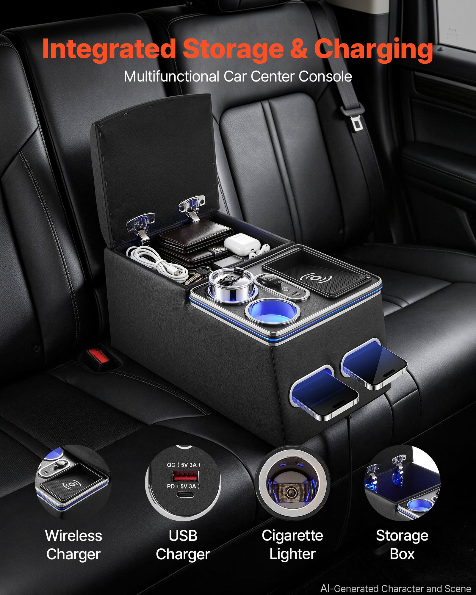 Integrated Storage & Charging  
Multifunctional Car Center Console

- Wireless Charger
- USB Charger
- Cigarette Lighter
- Storage Box

QC (5V 3A)  
PD (5V 3A)

AI-Generated Character and Scene