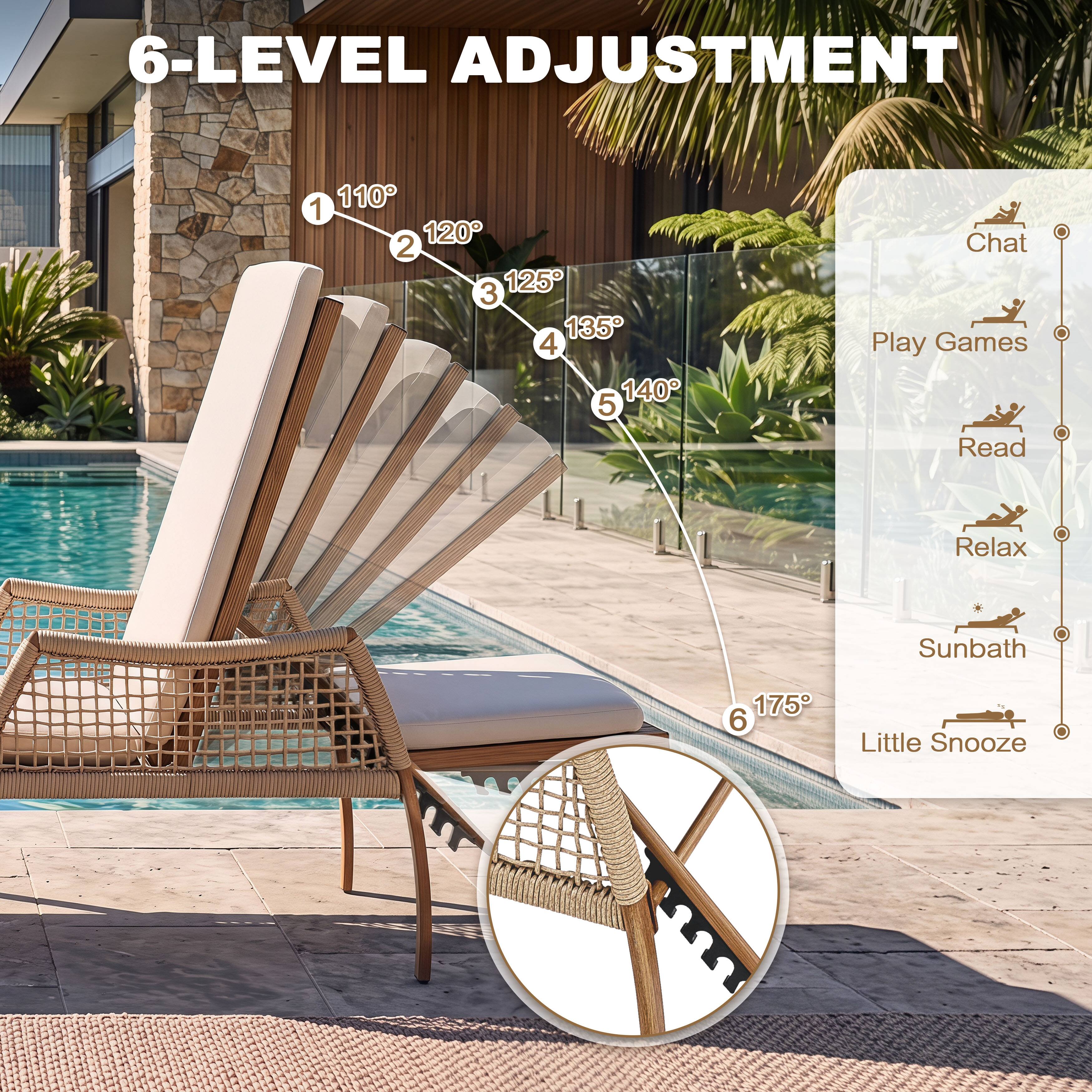 6-LEVEL ADJUSTMENT

110° 1
120° 2
125° 3
135° 4
140° 5
175° 6

Chat
Play Games
Read
Relax
Sunbath
Little Snooze