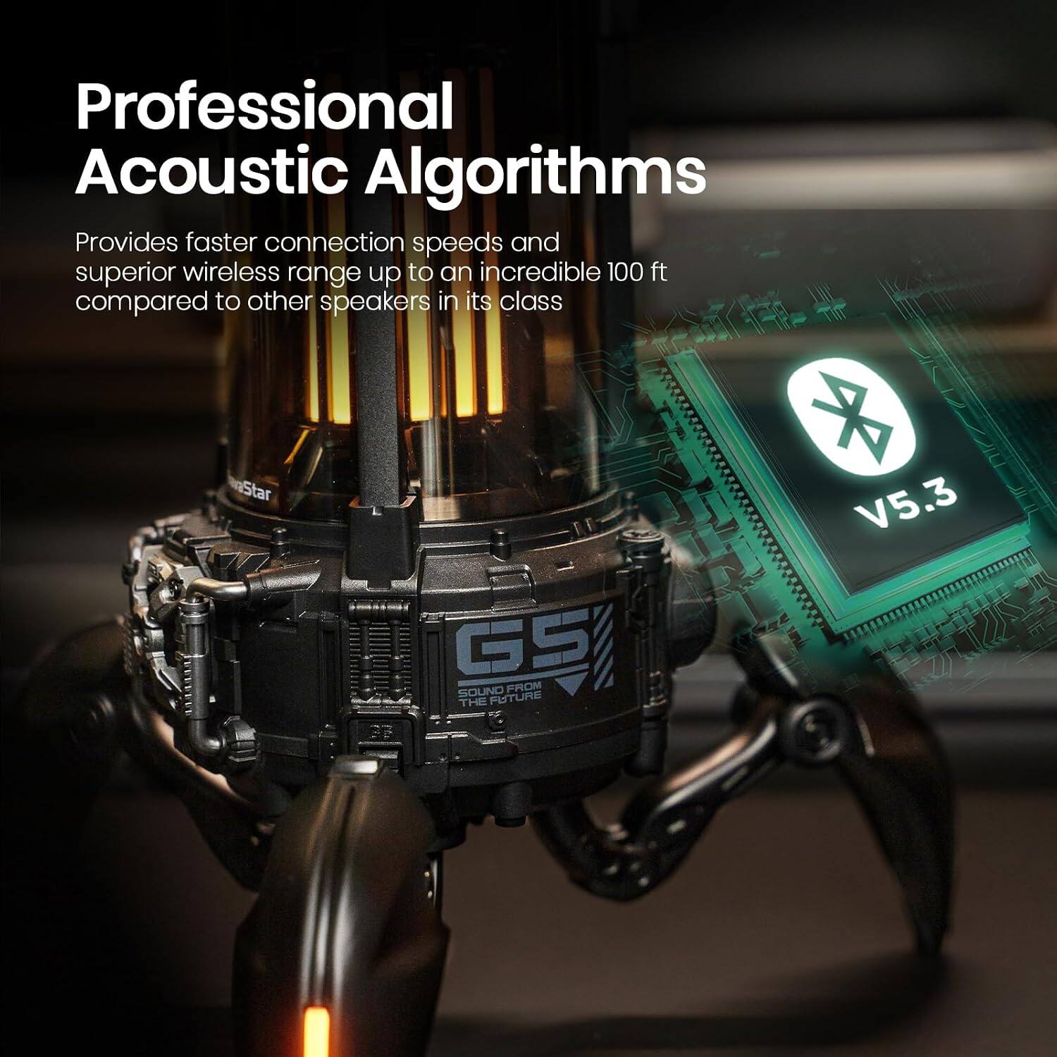 Professional Acoustic Algorithms  
Provides faster connection speeds and superior wireless range up to an incredible 100 ft compared to other speakers in its class  
Star GS SOLNO FROM THE FUTURE V5.3