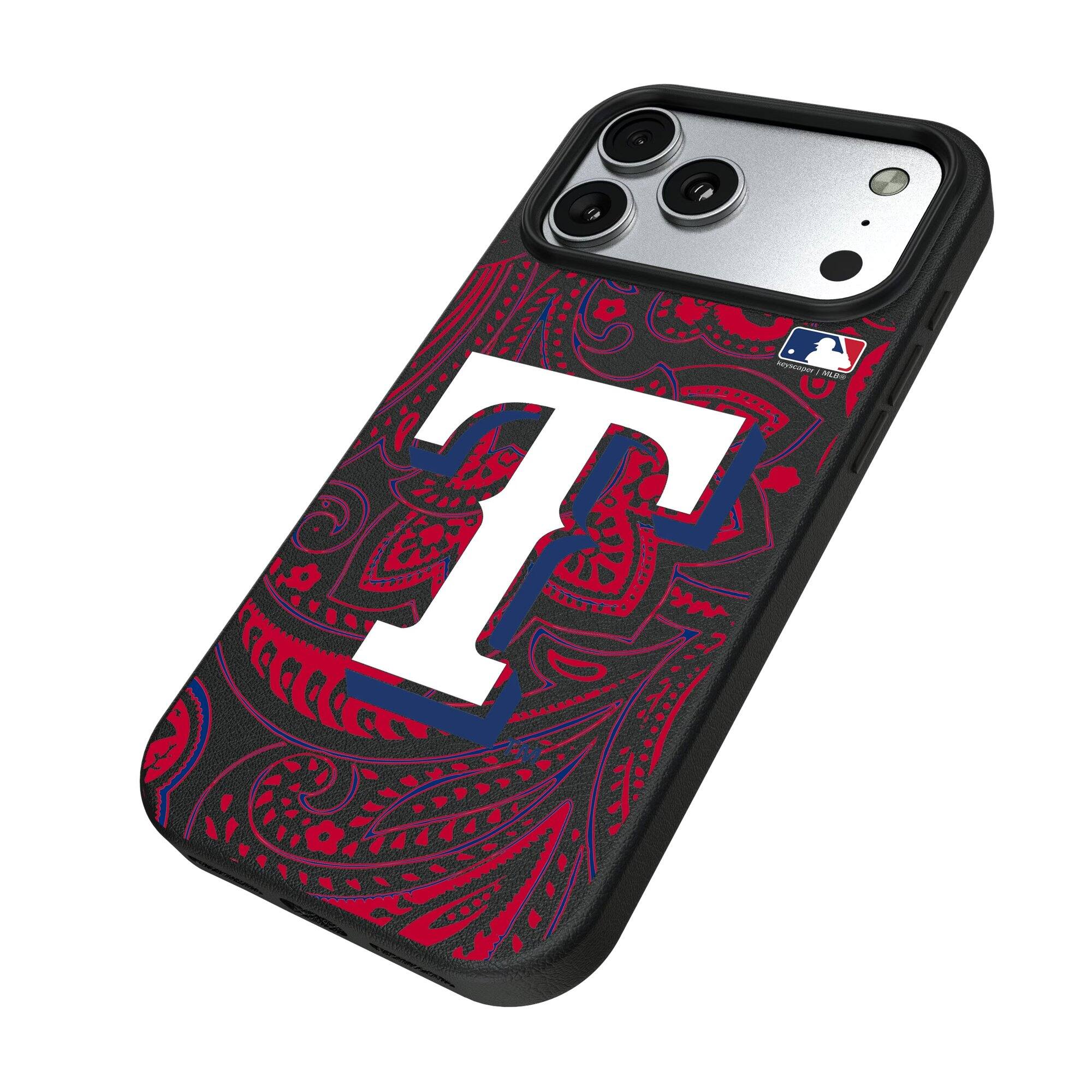 Alt View 1. Keyscaper - Texas Rangers Paisley iPhone Magnetic Bump Case - 15 Plus - Black.