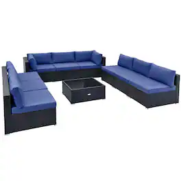 Costway - 10 PCS Patio Rattan Furniture Set Outdoor Wicker Sofa Table Cushioned Seat - Brown,Navy