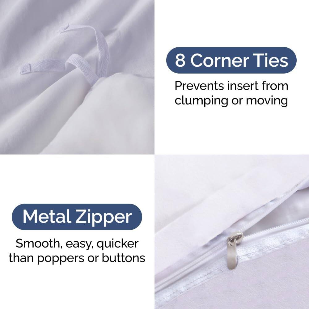 8 Corner Ties  
Prevents insert from clumping or moving  

Metal Zipper  
Smooth, easy, quicker than poppers or buttons