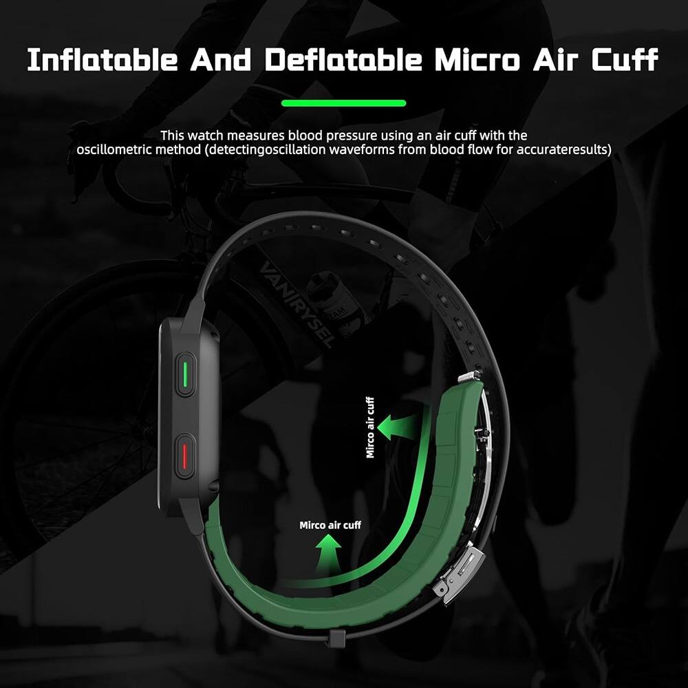 Inflatable And Deflatable Micro Air Cuff

This watch measures blood pressure using an air cuff with the oscillometric method (detecting oscillation waveforms from blood flow for accurate results).

Micro air cuff