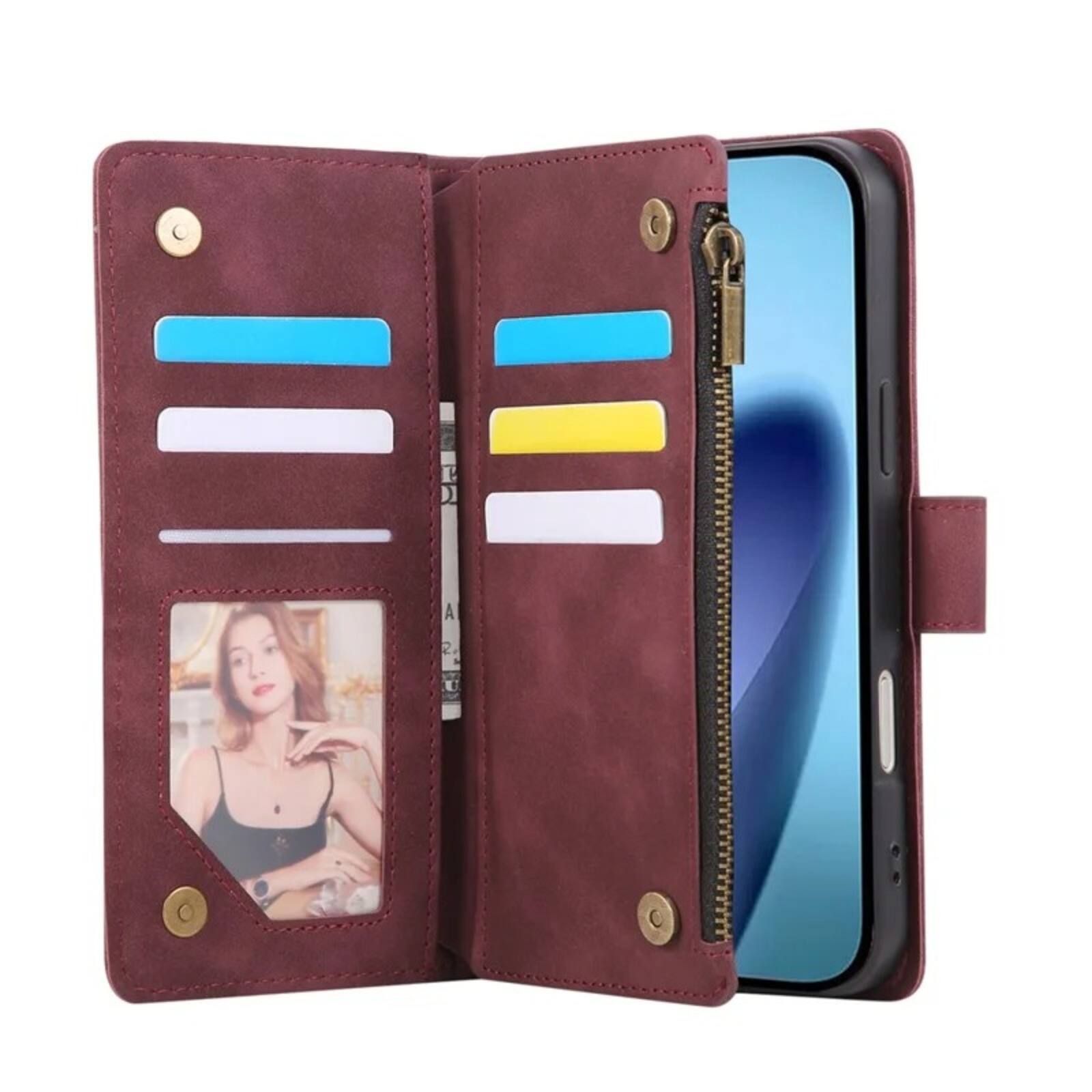 Left. UUCOVER - Wallet Case for Apple iPhone 17 Pro with Card Slots Cash Holder, Zipper Pocket, Wrist & Shoulder Strap, Flip Stand Cover - Winered.