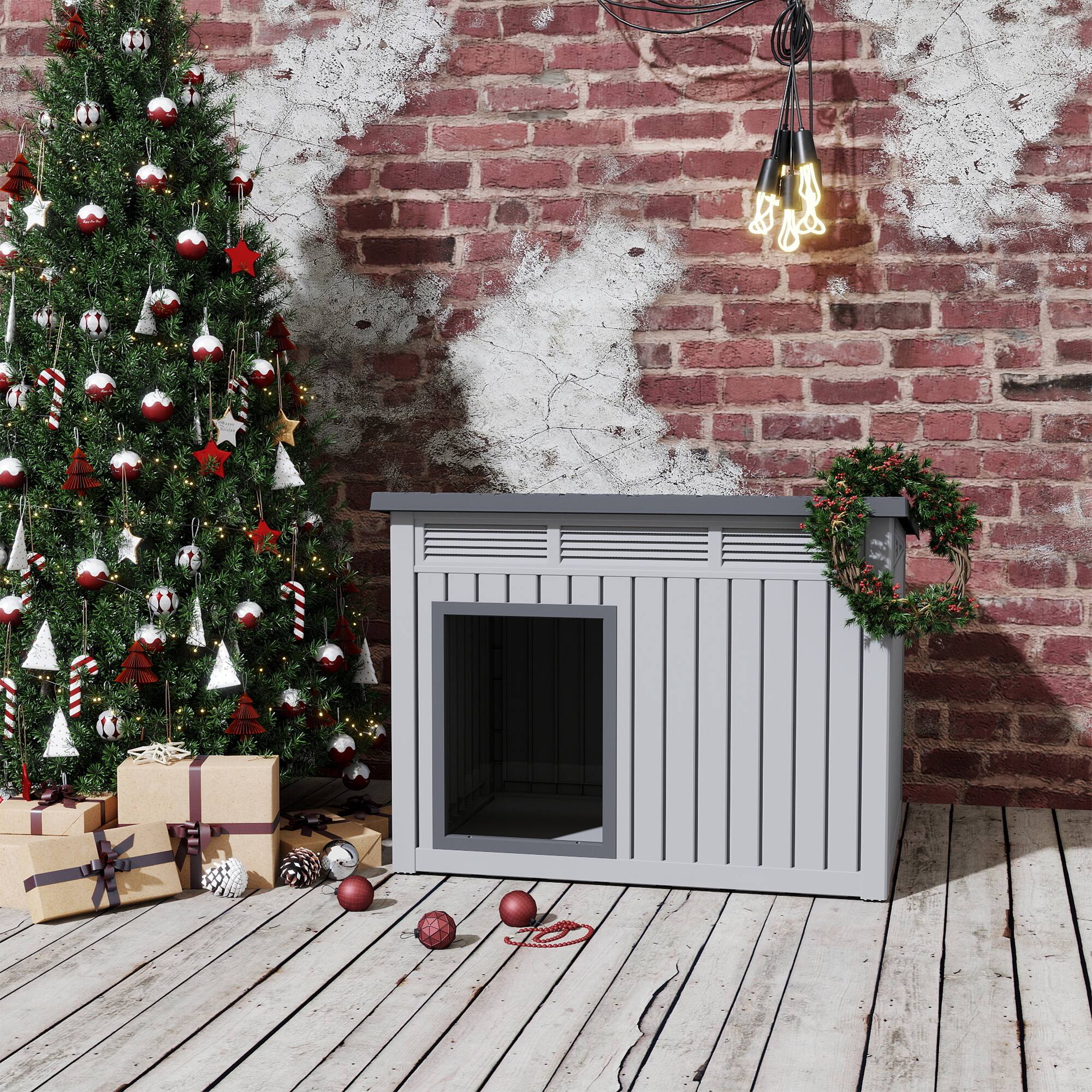 Back. Yardgrace - 204 Large Dog House - Weatherproof, Removable Roof, Louvered Vents, Asphalt Roof, Elevated Base, Indoor/Outdoor Kennel - Grey.