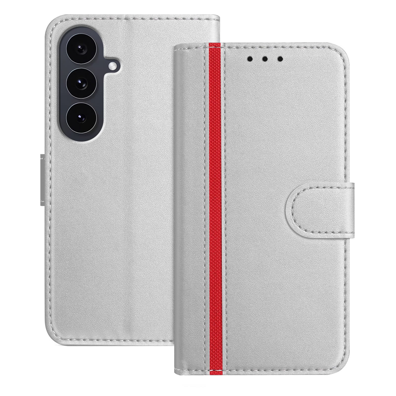 Dteck - Slim Card Holder Case for Samsung Galaxy S25 FE,PU Leather Magnetic Closure Shockproof TPU Inner Flip Wallet Cover - Silver