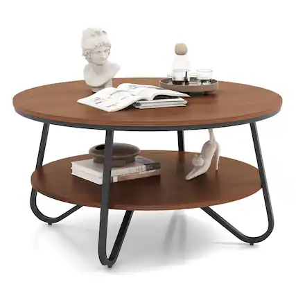 Front. Costway - 2-Tier Round Coffee Table with Wood Grain Finish & Heavy-duty Metal Frame - Walnut.
