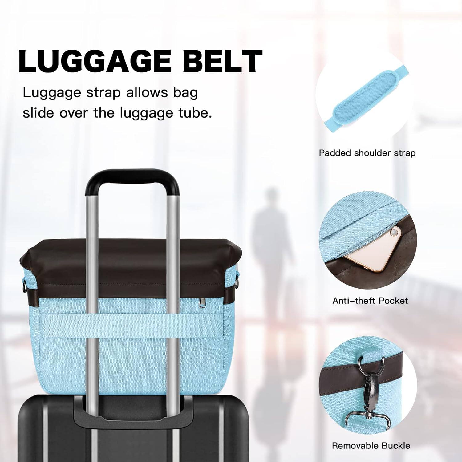 LUGGAGE BELT

Luggage strap allows bag slide over the luggage tube.

Padded shoulder strap

Anti-theft Pocket

Removable Buckle