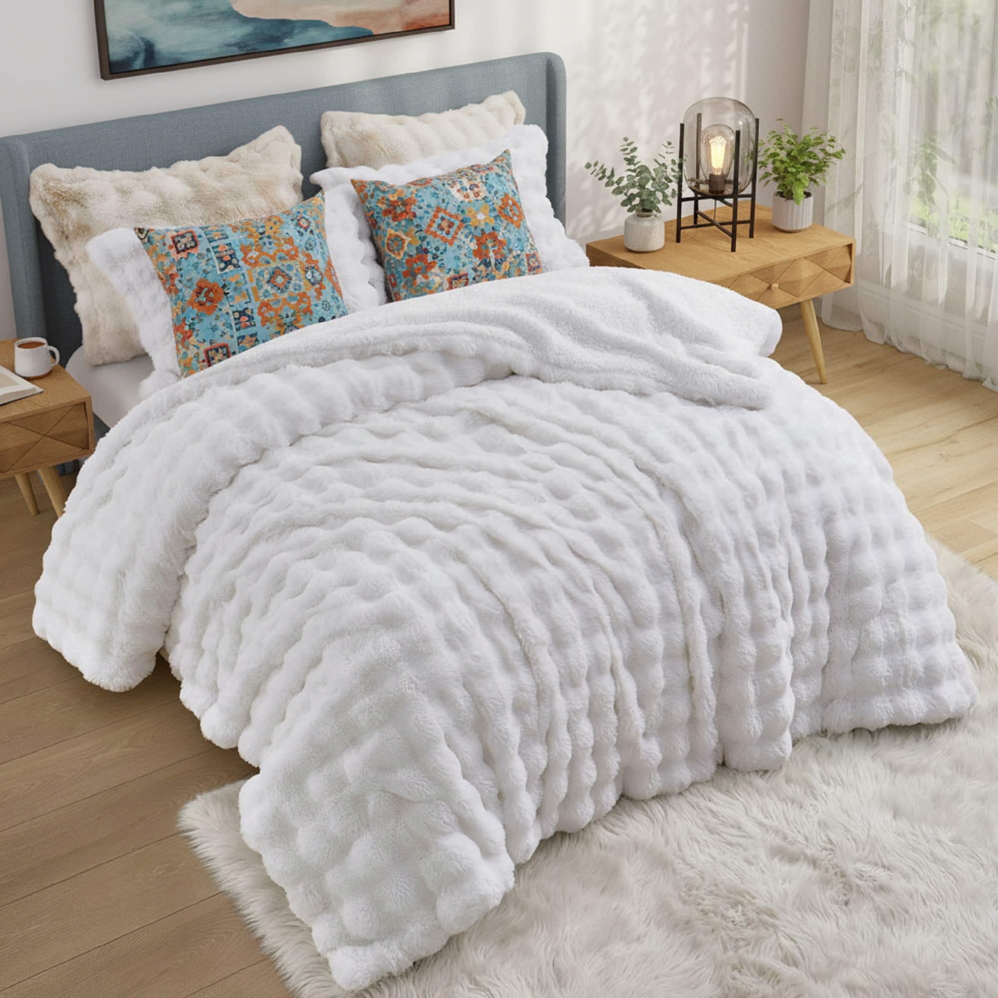 Peace Nest - Ultra-Soft Faux Fur Comforter Set with Plush Tie-Dye & Reversible Sherpa, Queen - White