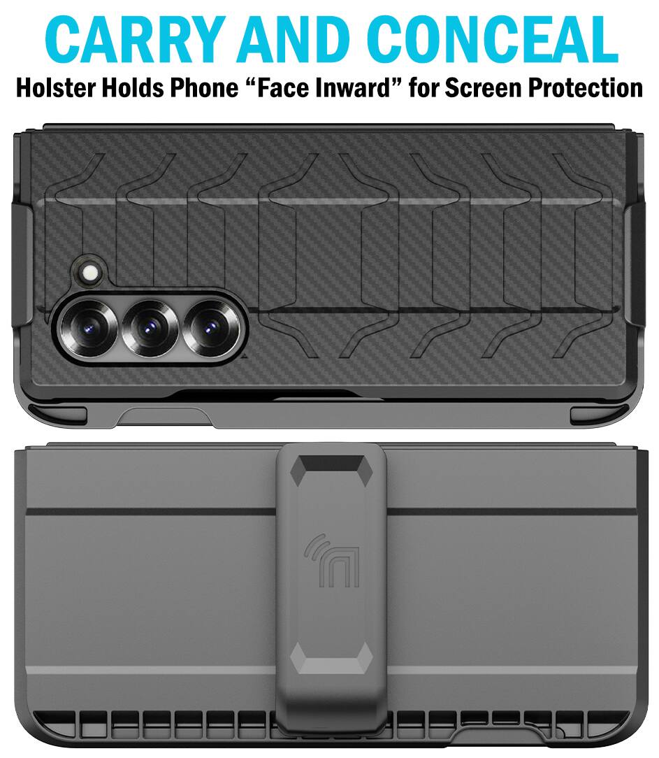 CARRY AND CONCEAL  
Holster Holds Phone "Face Inward" for Screen Protection