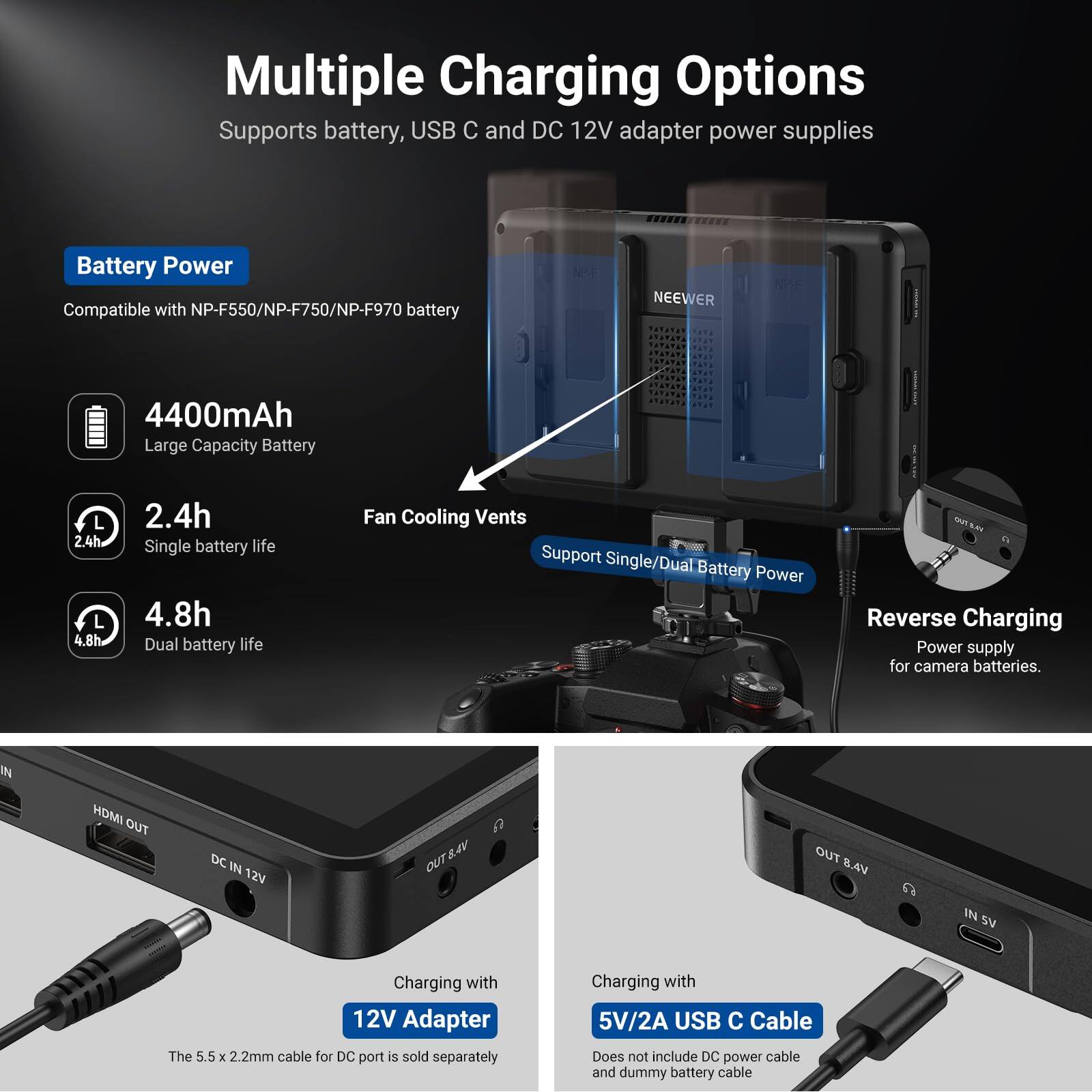 Multiple Charging Options  
Supports battery, USB C and DC 12V adapter power supplies  

Battery Power  
Compatible with NP-F550/NP-F750/NP-F970 battery  

NEEWER VER 4400mAh Large Capacity Battery  
2.4h Single battery life  
4.8h Dual battery life  

Fan Cooling Vents  
Support Single/Dual Battery Power  

Reverse Charging  
Power supply for camera batteries.  

IN HDMI OUT  
DC IN 12V  
OUT 8.4V  

Charging with 12V Adapter  
The 5.5 x 2.2mm cable for DC port is sold separately  

Charging with 5V/2A USB C Cable  
Does not include DC power cable and dummy battery cable