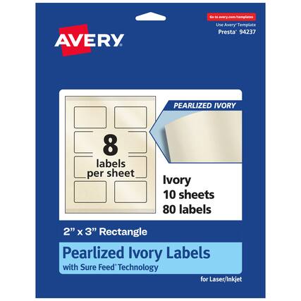 Go to avery.com/templates
AVERY
Use Avery Template Presta* 94237
PEARLIZED IVORY
8 labels per sheet
Ivory 10 sheets 80 labels
2" X 3" Rectangle
Pearlized Ivory Labels with Sure Feed Technology for Laser/Inkjet