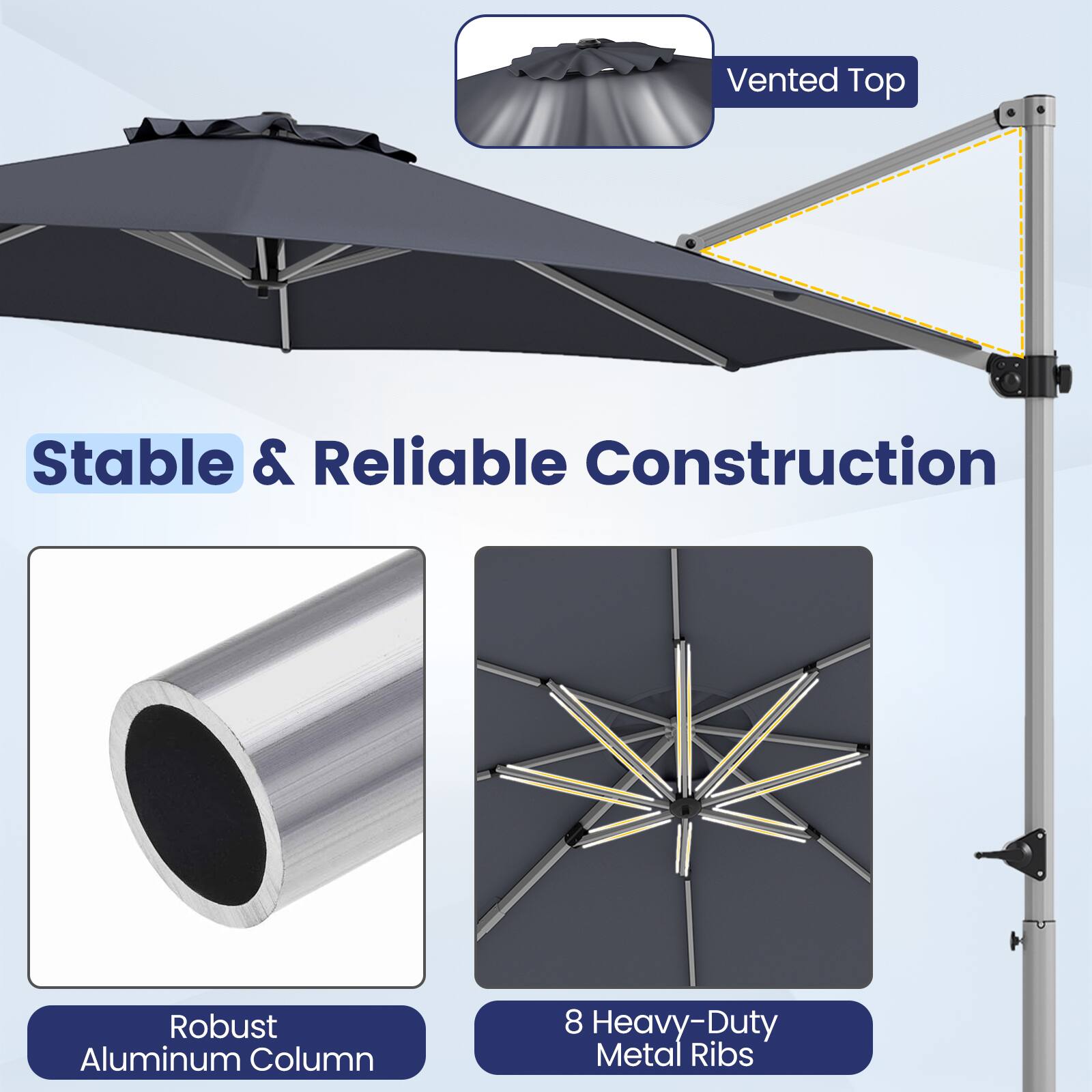 Vented Top

Stable & Reliable Construction

Robust Aluminum Column

8 Heavy-Duty Metal Ribs