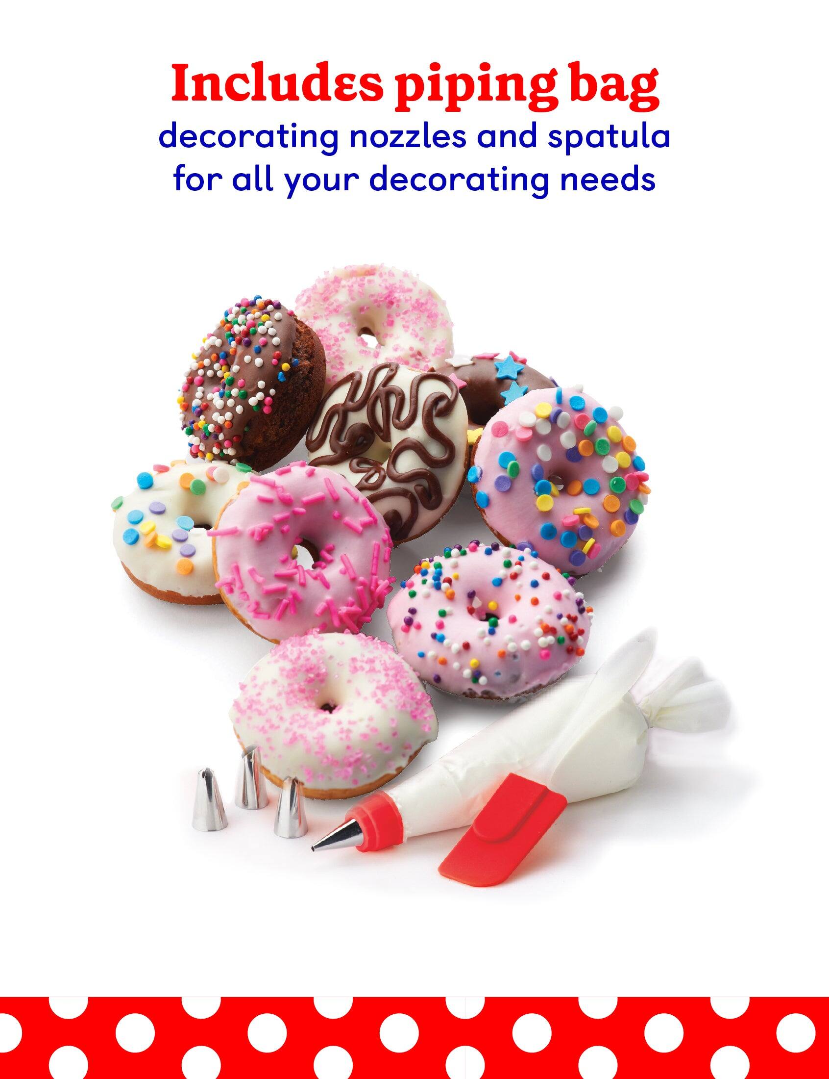 Includes piping bag decorating nozzles and spatula for all your decorating needs.