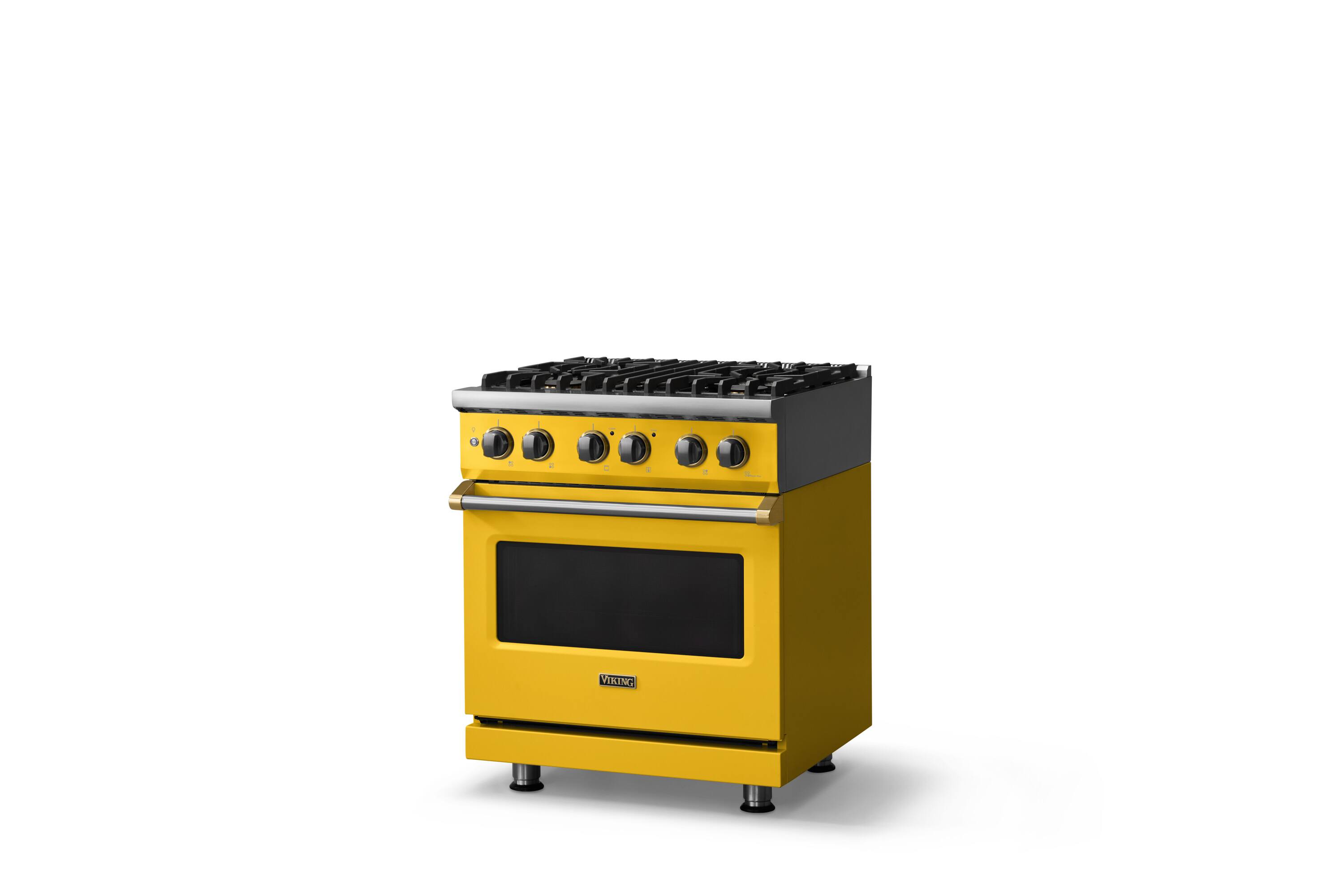 Angle. Viking - 30"W. 4 Burner Pro5S 4.7 Cu. Ft. Freestanding Sealed Dual Fuel Convection LP Range-Daffodil/Brushed Brass - Daffodil.