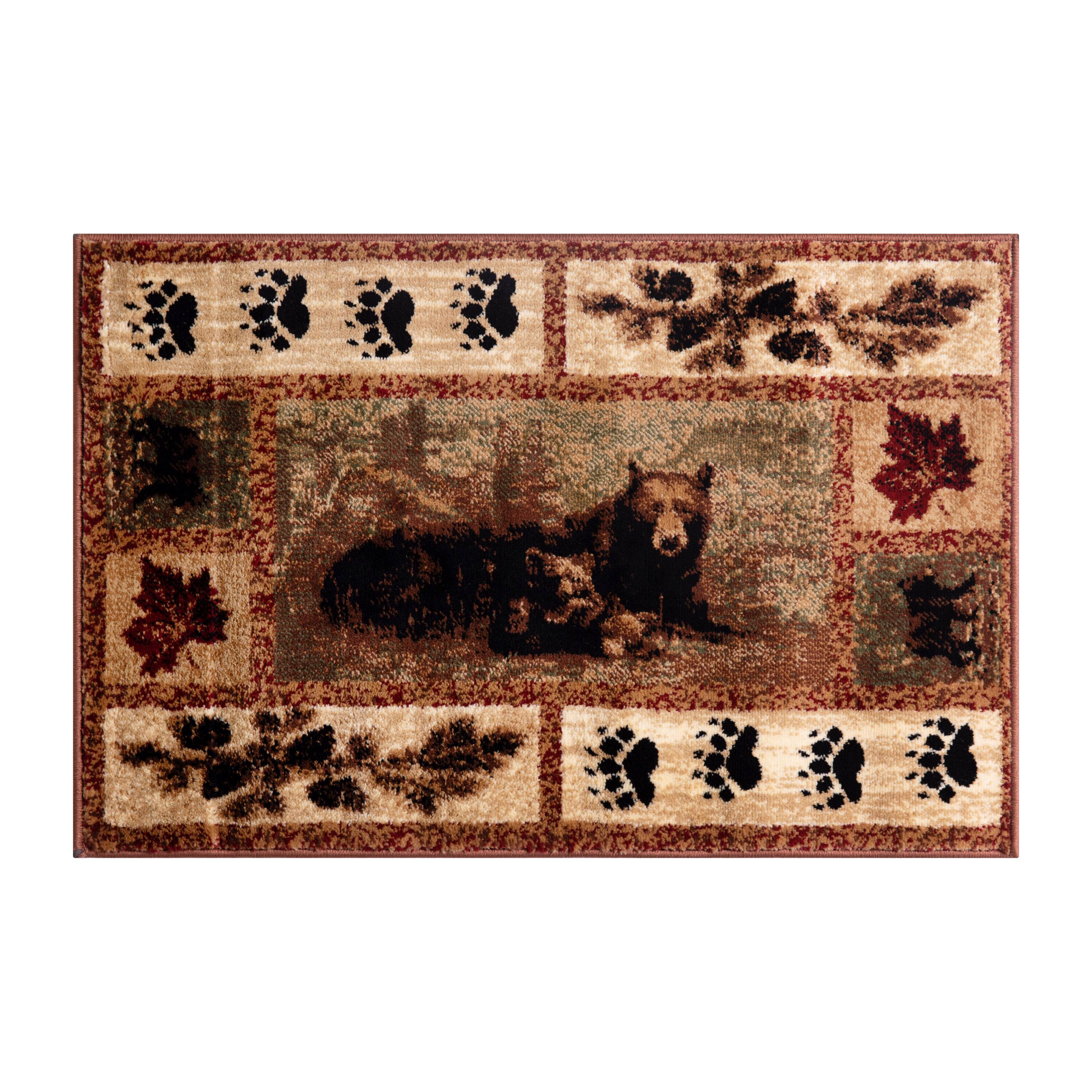 Alt View 1. Emma + Oliver - Juneau Accent Rug with Mother Brown Bear and 2 Cubs Nature Scene and Leaf and Bear Track Detailing for Home, Cabin or RV - Brown.