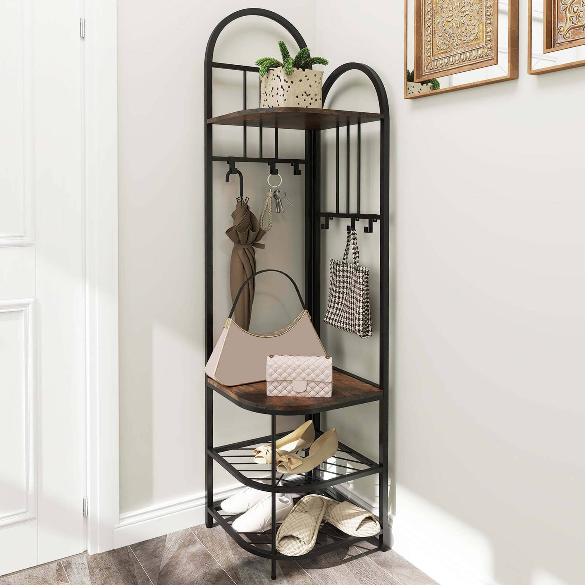 Alt View 3. Costway - Costway 4-Tier Coat Rack Corner Hall Tree with Shoe Storage Bench 6 Removable Hooks Bedroom - Brown.