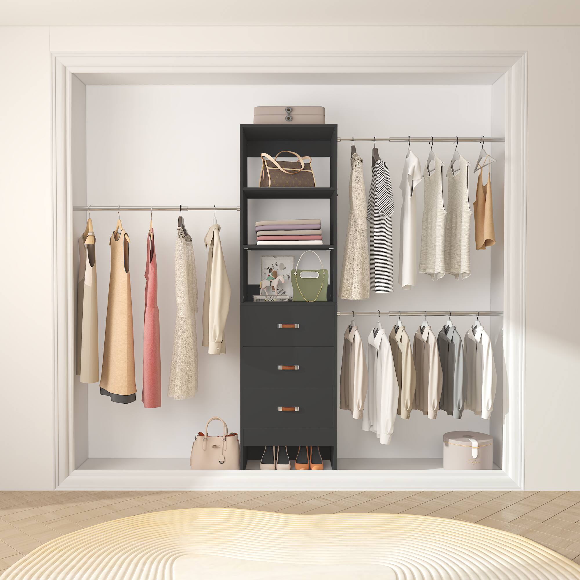 Back. Aheaplus - 96-inch Closet System: 3 Hanging Rods & 3 Wooden Drawers, Adjustable for 5-8FT Walk-in Wardrobe - Black.