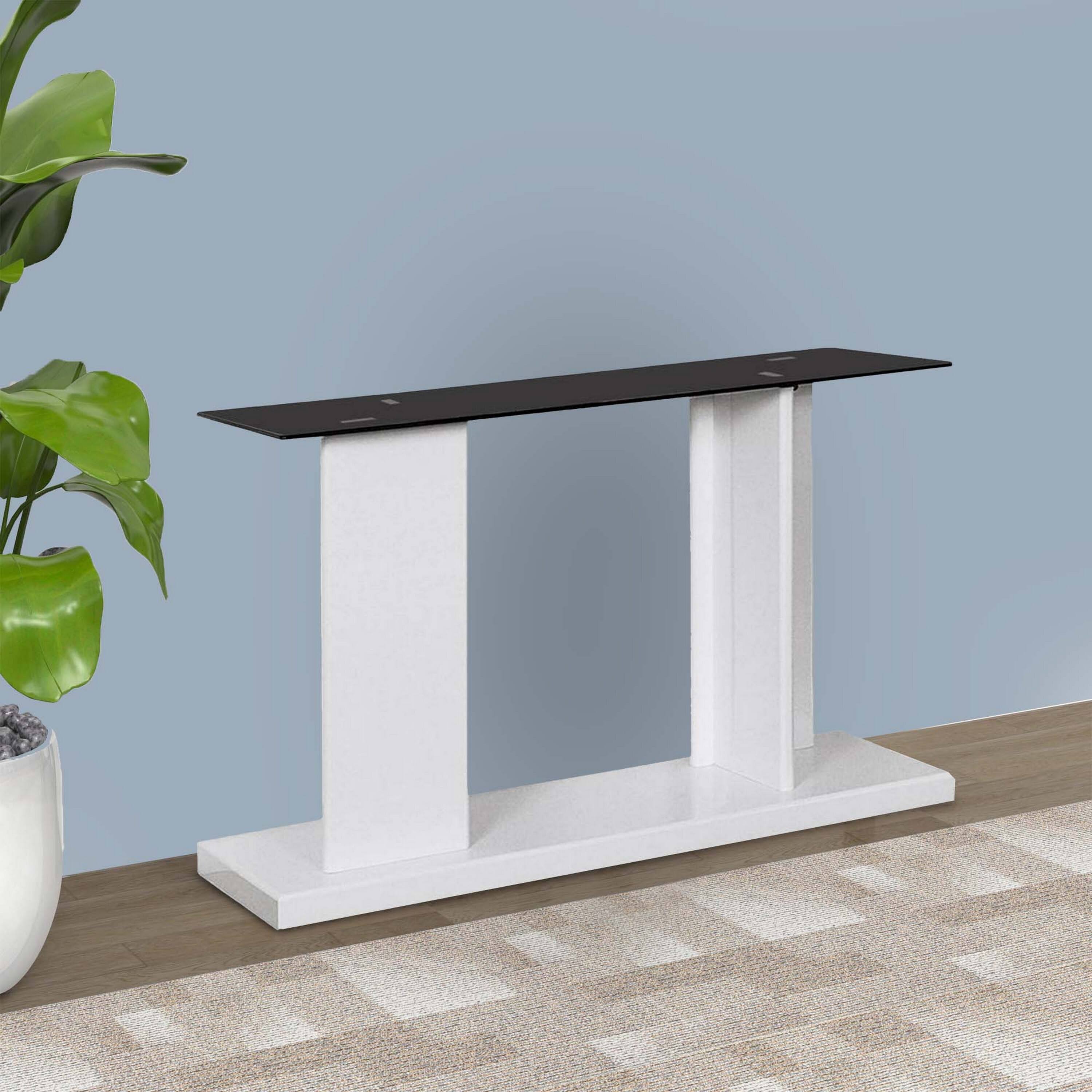 Alt View 5. Manhattan Lane - Liam 47 Inch Sofa Console Table, White Wood, Pedestal Base, Black Glass Top - White, Black.