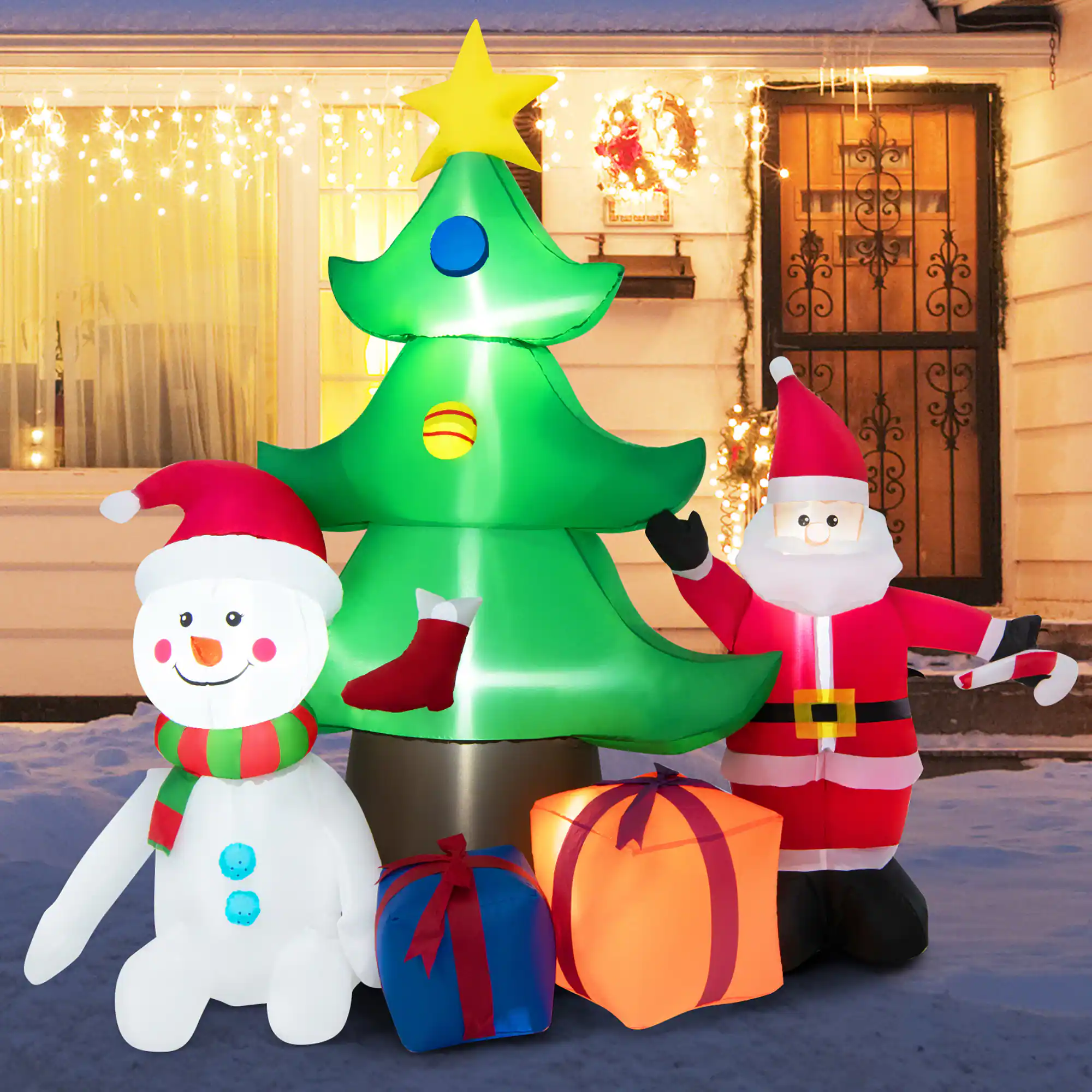 Front. Gymax - Gymax 7.2FT Inflatable Christmas Tree Snowman Santa Gift Bag Combination w/ LED Lights - White, Red, Green.